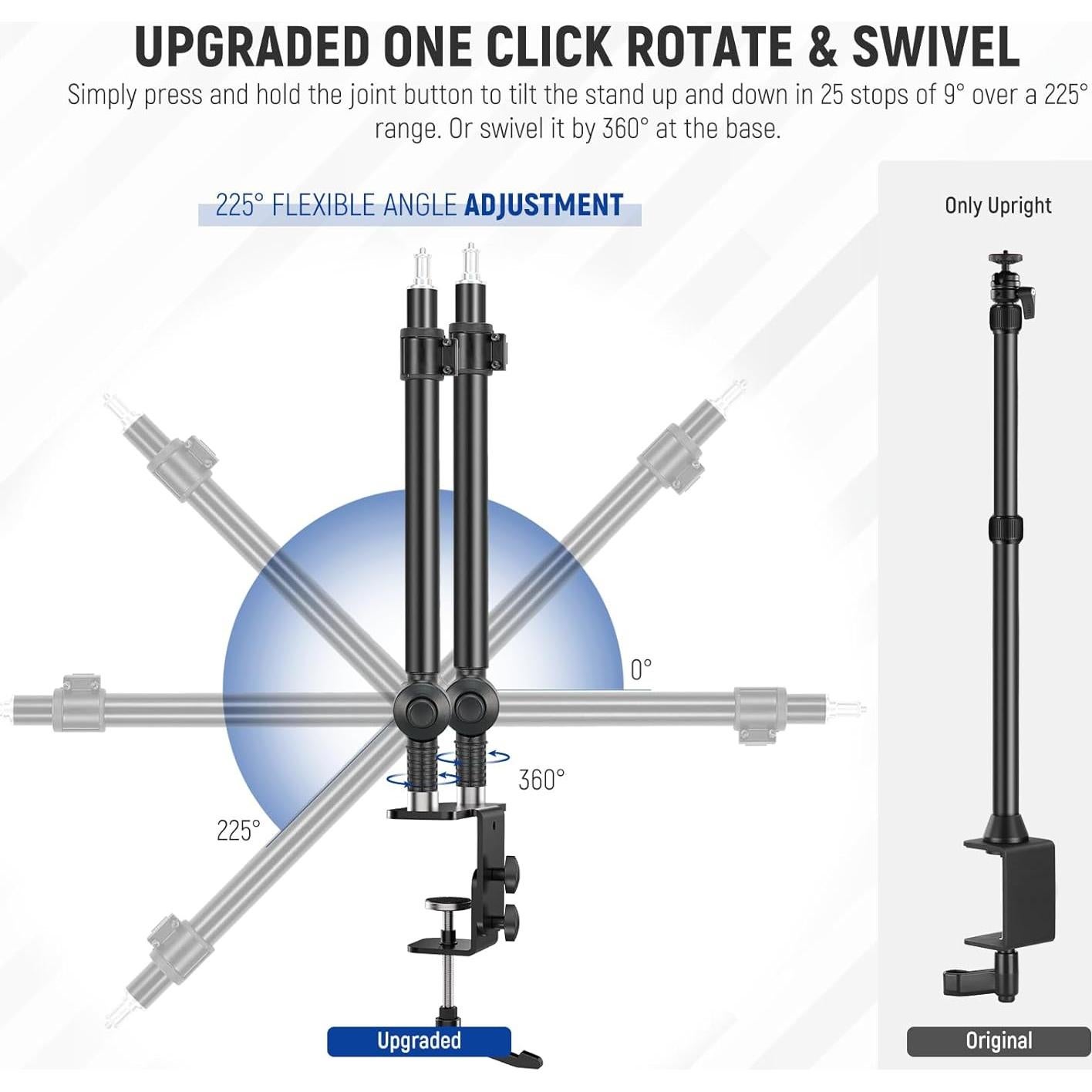 NEEWER Upgraded C Clamp Desk Mount for Dual Camera Mount Stand, 225° Tilt & 360° Swivel Telescopic 17.7"-24.8" Desktop Webcam Stand for DSLRs Overhead Photography Ring Light Phone Action Camera