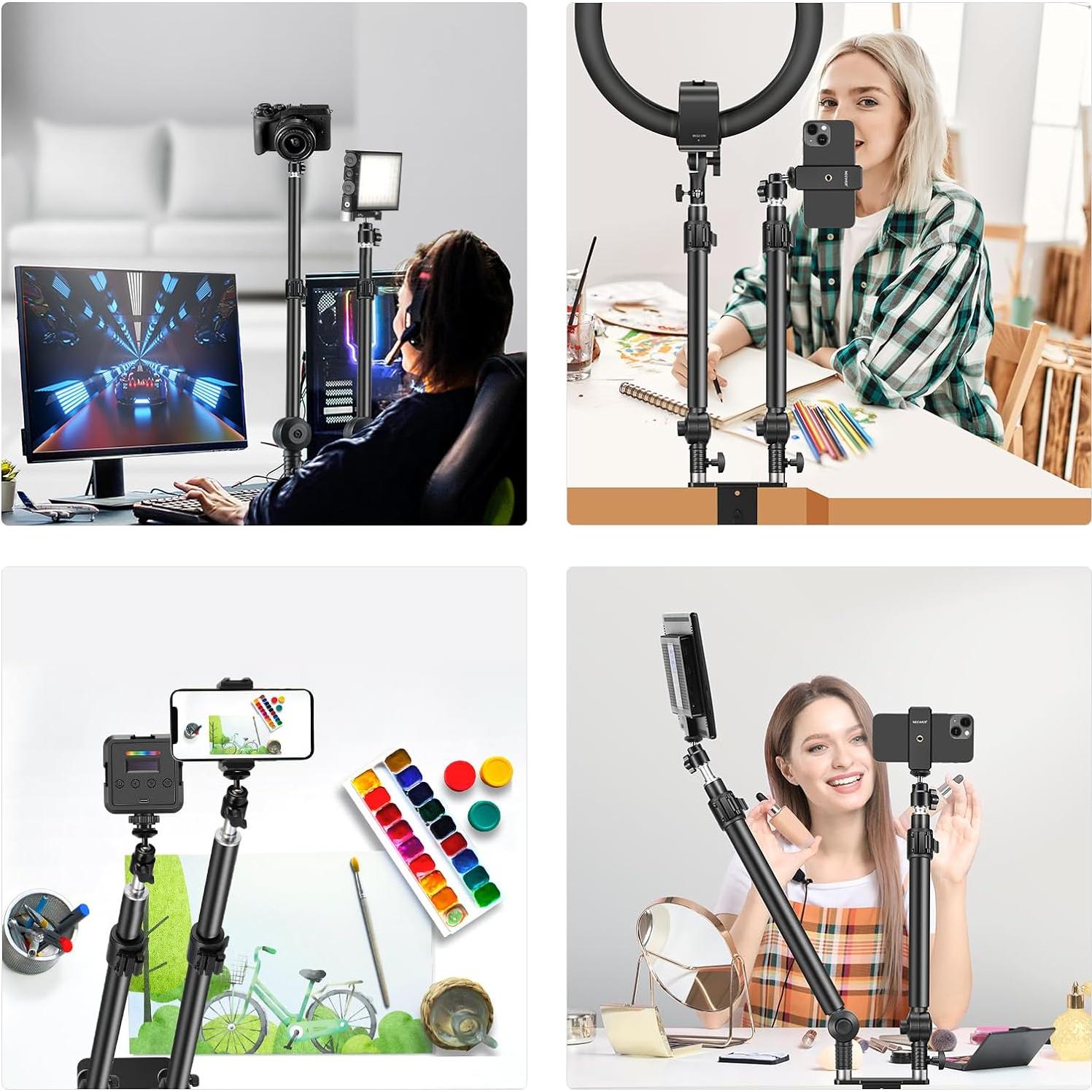 NEEWER Upgraded C Clamp Desk Mount for Dual Camera Mount Stand, 225° Tilt & 360° Swivel Telescopic 17.7"-24.8" Desktop Webcam Stand for DSLRs Overhead Photography Ring Light Phone Action Camera