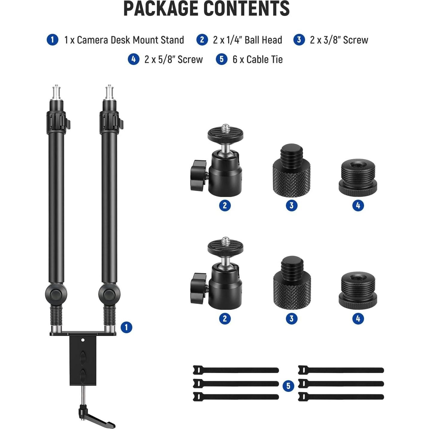 NEEWER Upgraded C Clamp Desk Mount for Dual Camera Mount Stand, 225° Tilt & 360° Swivel Telescopic 17.7"-24.8" Desktop Webcam Stand for DSLRs Overhead Photography Ring Light Phone Action Camera