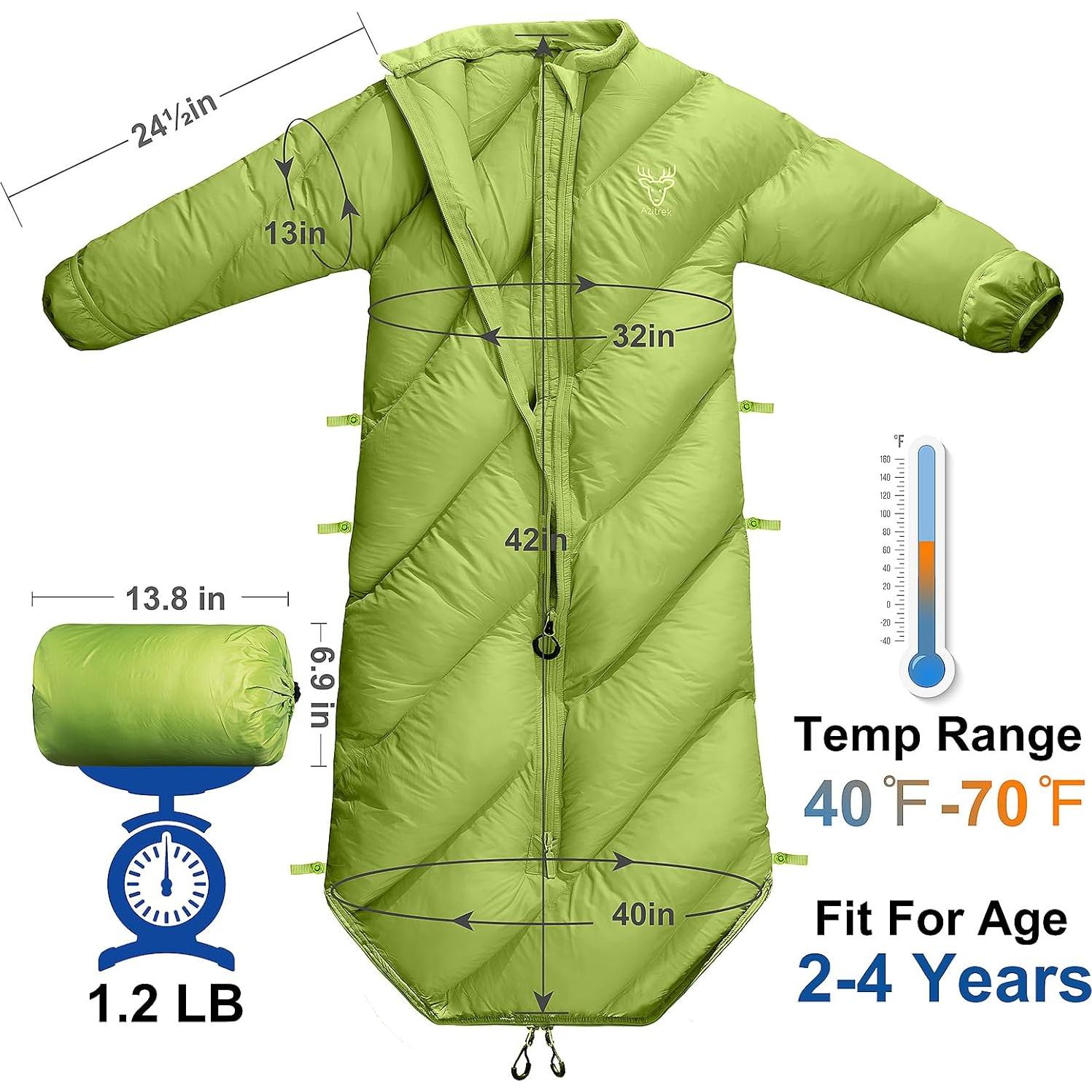 Saco de Dormir Niños AZITREK 2-4 Años Acolchado Verde