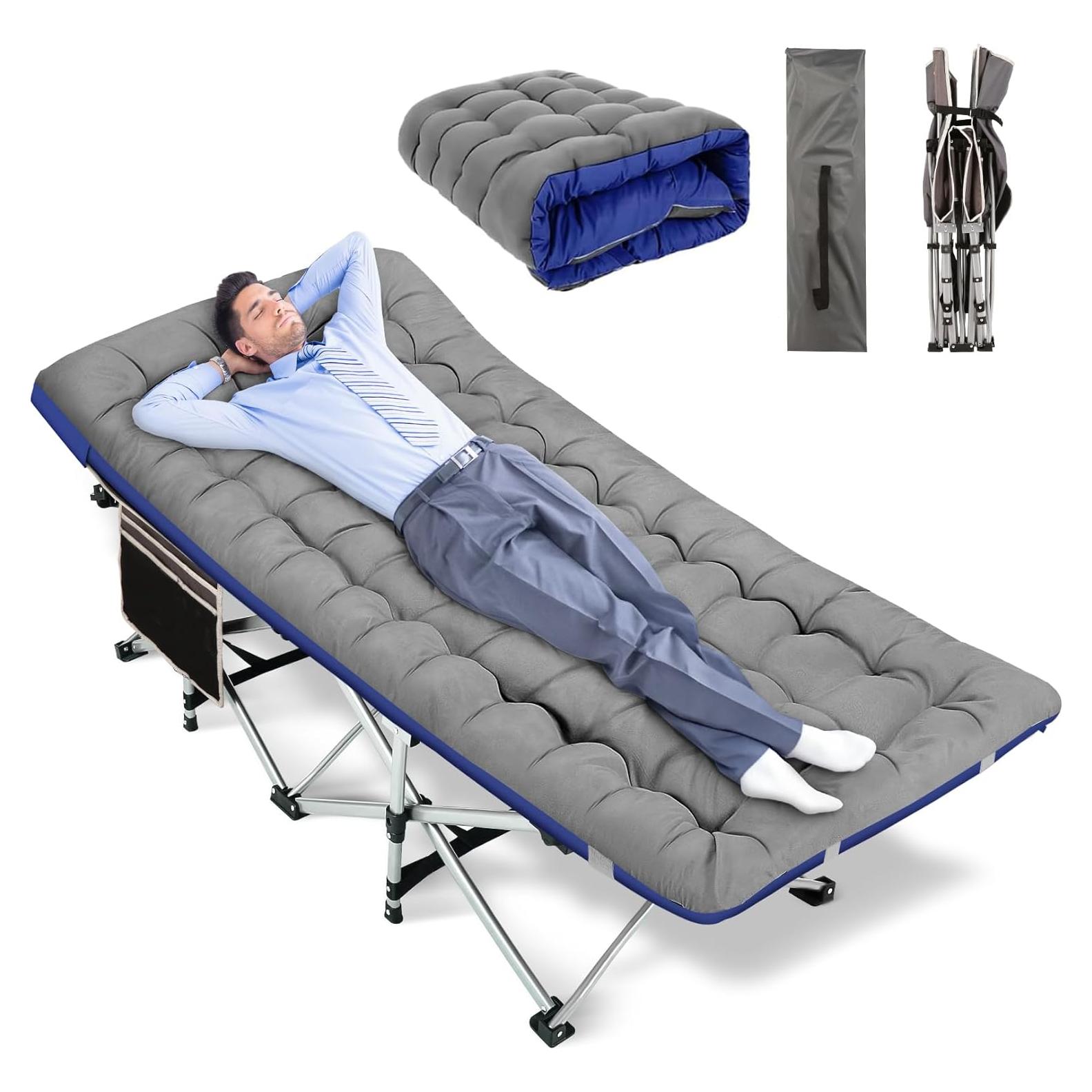 Nictemaw Folding Camping Cot, 900 LBS Capacity Heavy Duty Compact Travel Cot - Double Layer Oxford Cot with Mattress & Carry Bag for Adults & Kids, Easy Setup (Indoor/Outdoor, Grey)