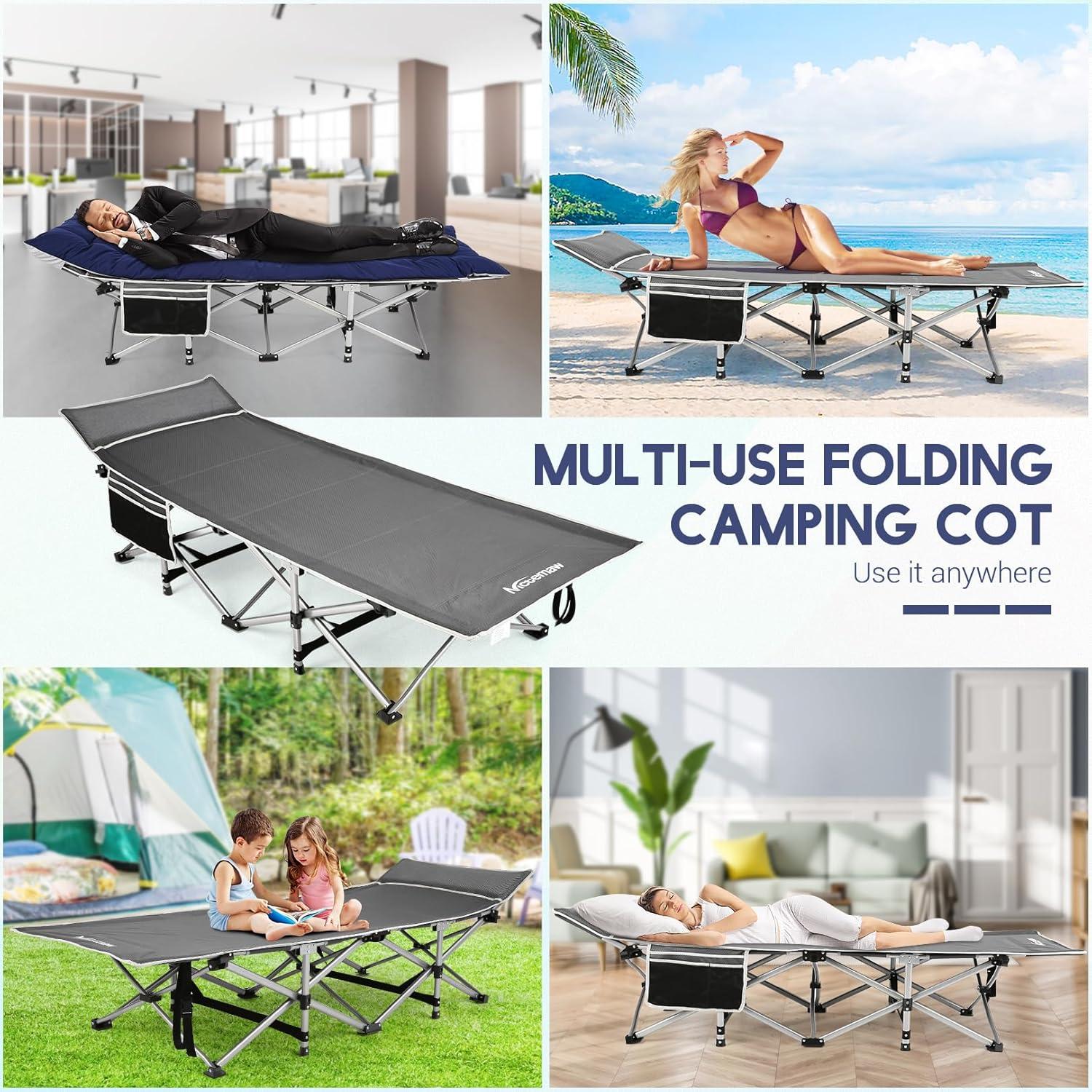 Nictemaw Folding Camping Cot, 900 LBS Capacity Heavy Duty Compact Travel Cot - Double Layer Oxford Cot with Mattress & Carry Bag for Adults & Kids, Easy Setup (Indoor/Outdoor, Grey)
