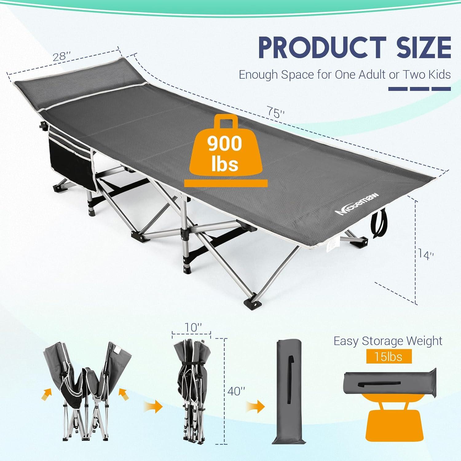 Nictemaw Folding Camping Cot, 900 LBS Capacity Heavy Duty Compact Travel Cot - Double Layer Oxford Cot with Mattress & Carry Bag for Adults & Kids, Easy Setup (Indoor/Outdoor, Grey)