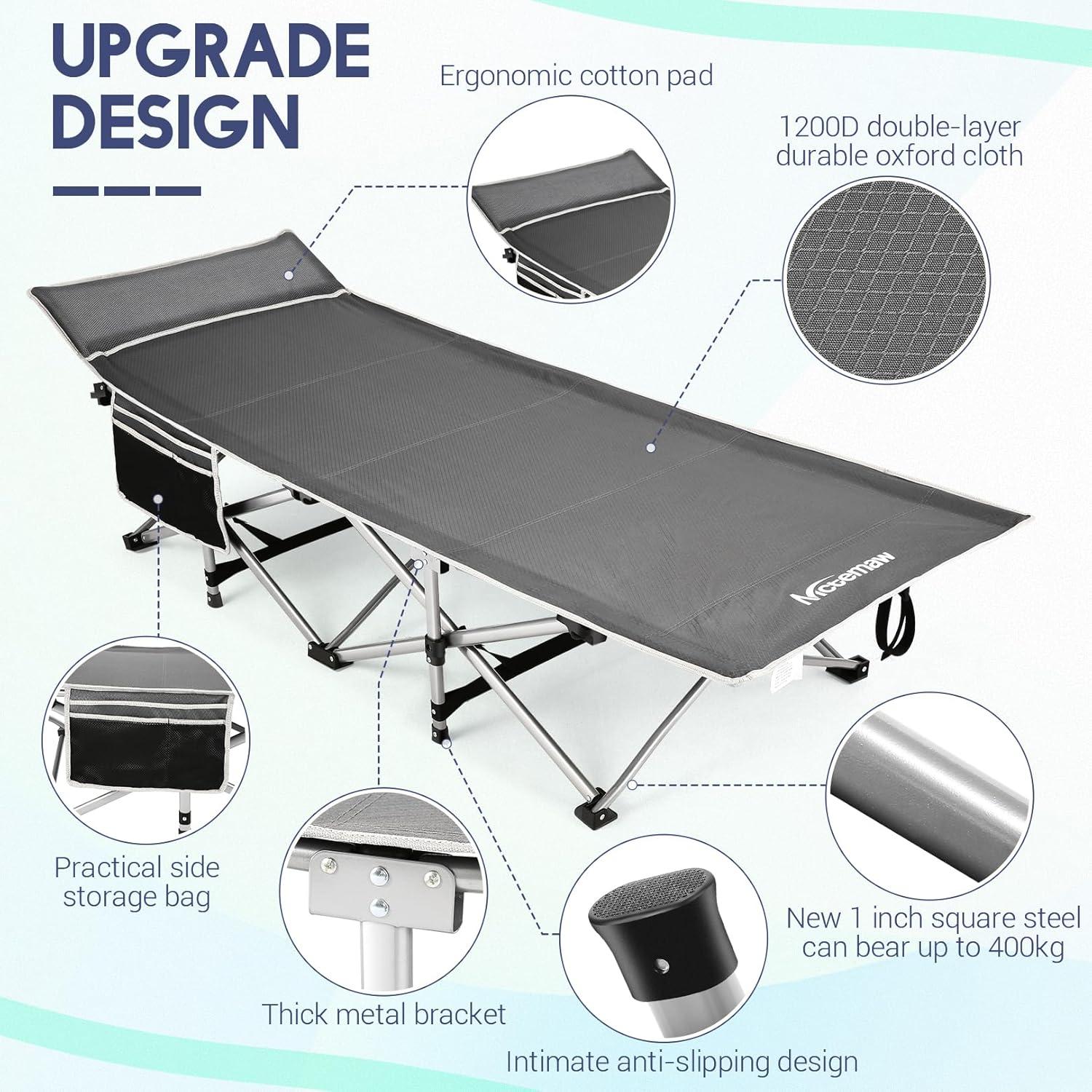 Nictemaw Folding Camping Cot, 900 LBS Capacity Heavy Duty Compact Travel Cot - Double Layer Oxford Cot with Mattress & Carry Bag for Adults & Kids, Easy Setup (Indoor/Outdoor, Grey)