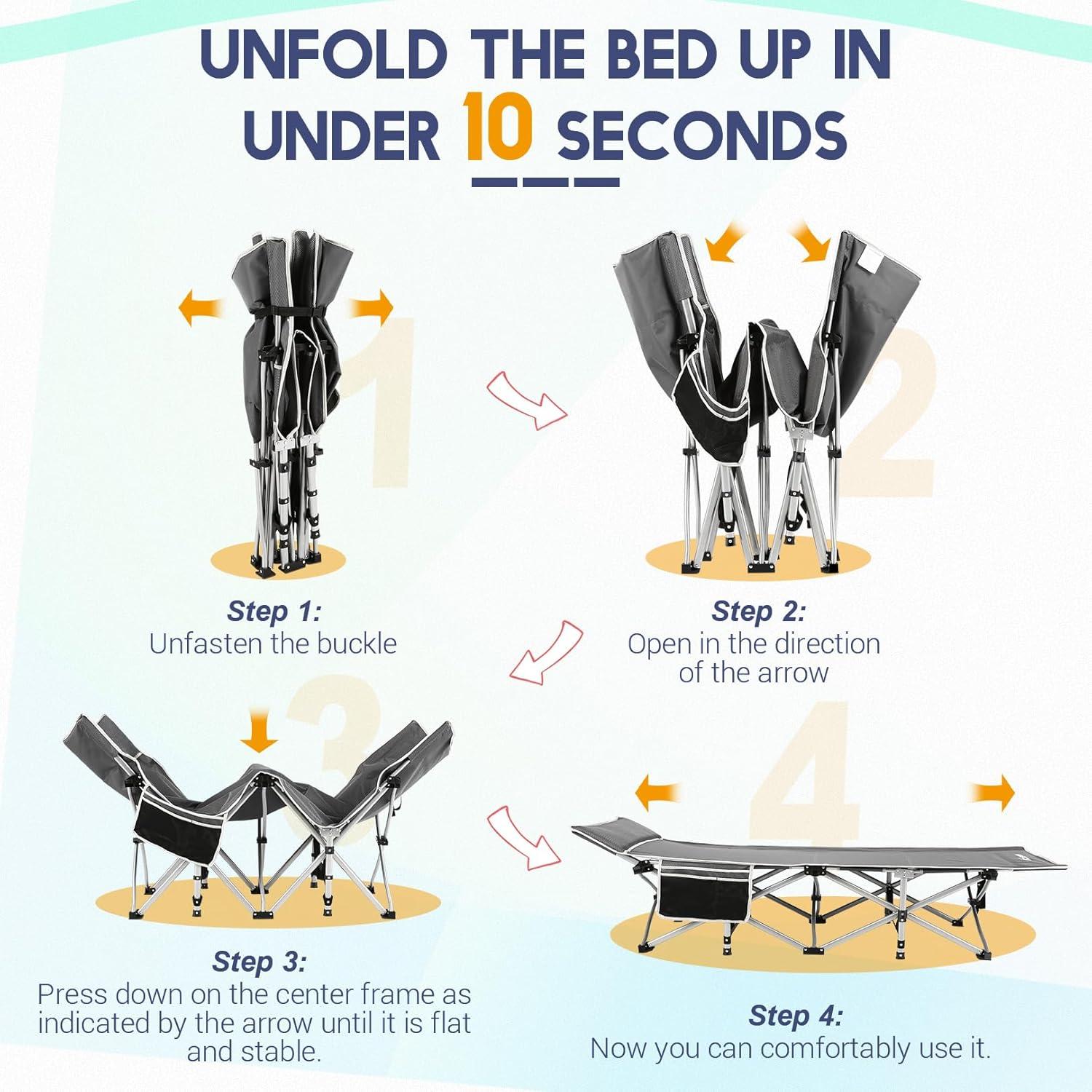 Nictemaw Folding Camping Cot, 900 LBS Capacity Heavy Duty Compact Travel Cot - Double Layer Oxford Cot with Mattress & Carry Bag for Adults & Kids, Easy Setup (Indoor/Outdoor, Grey)