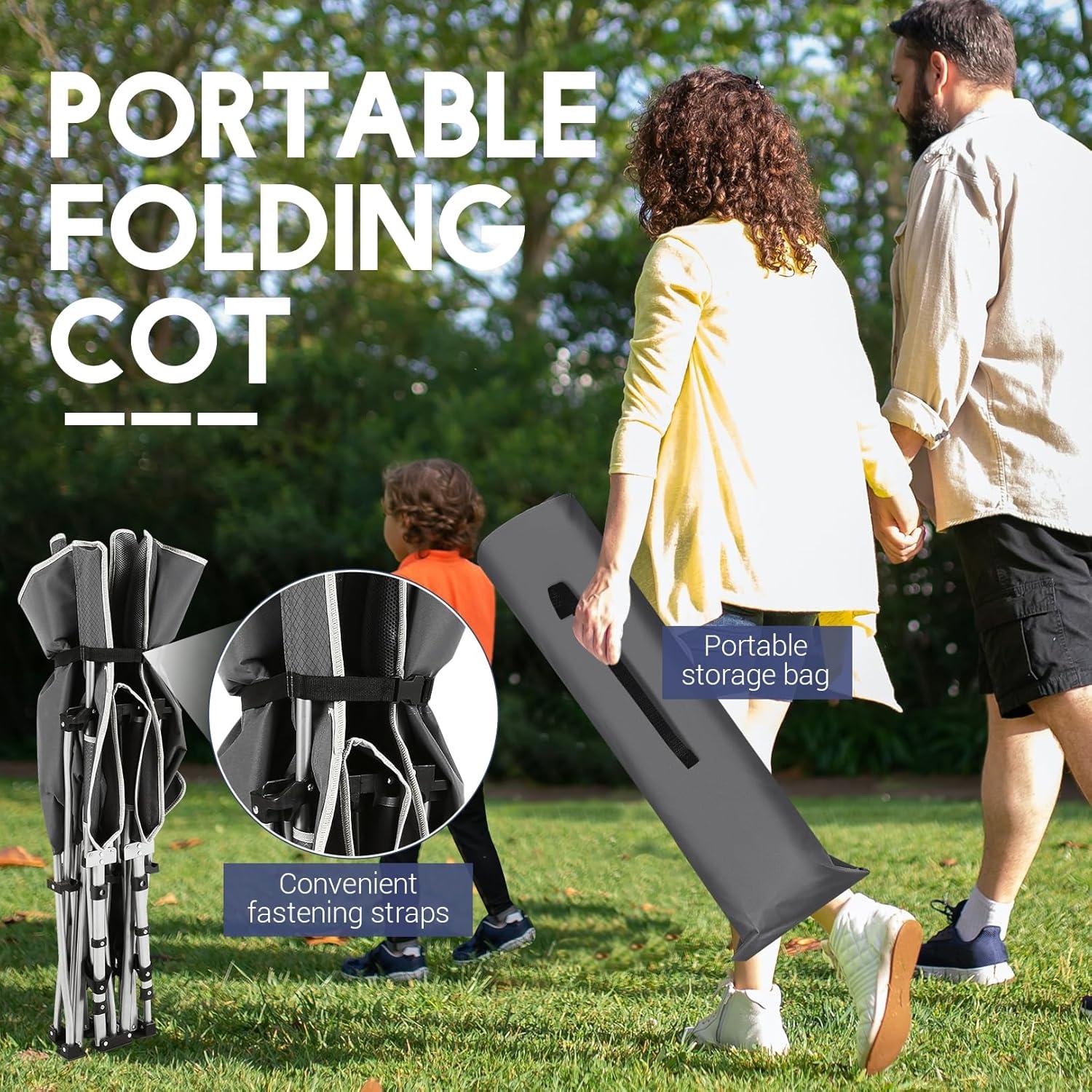 Nictemaw Folding Camping Cot, 900 LBS Capacity Heavy Duty Compact Travel Cot - Double Layer Oxford Cot with Mattress & Carry Bag for Adults & Kids, Easy Setup (Indoor/Outdoor, Grey)