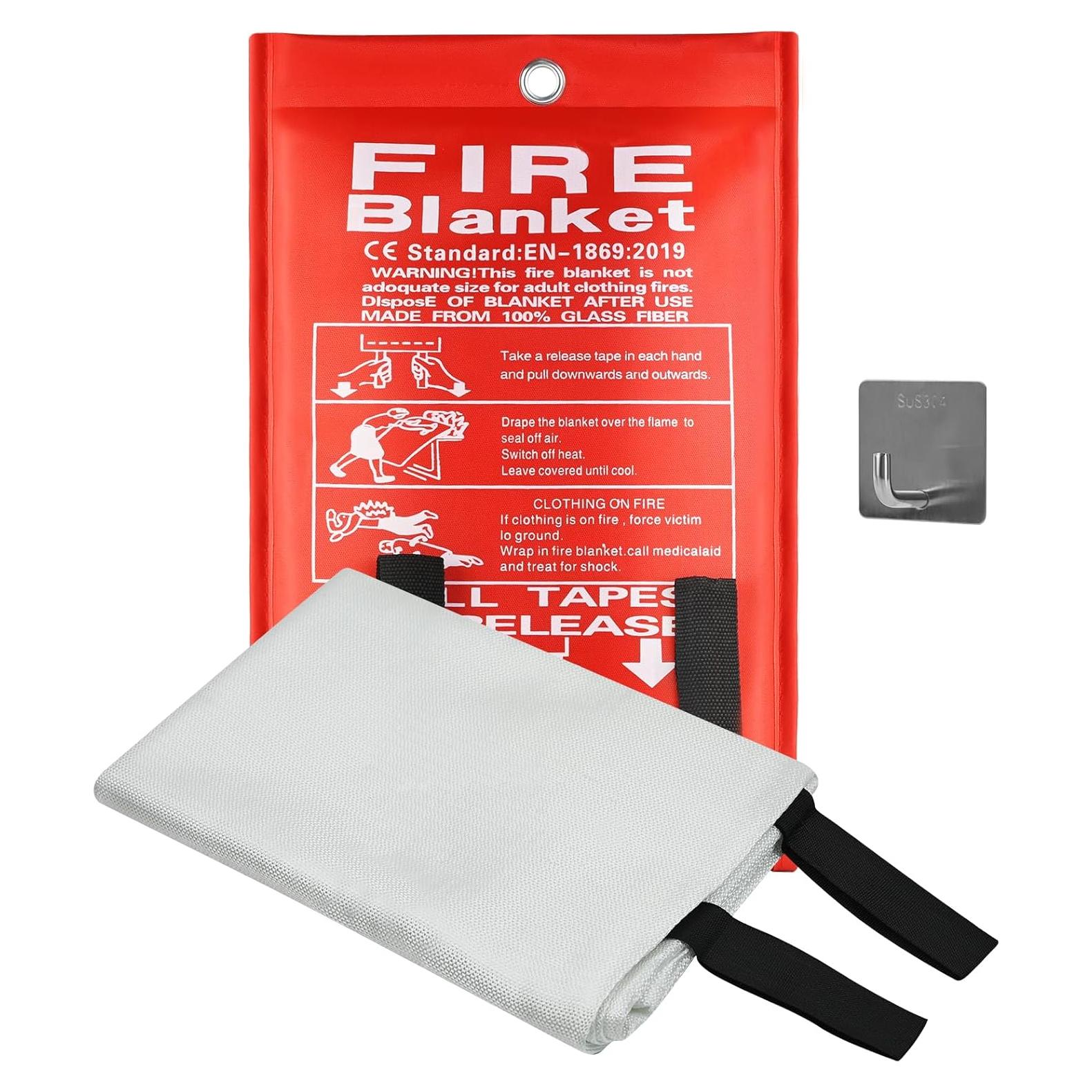 Emergency Fire Blanket, 40"x40" Fiberglass Suppression Fire Retardant Blankets for Home, Kitchen, Camping, Grill, Car, Office, Warehouse with Hooks(1 Pack)
