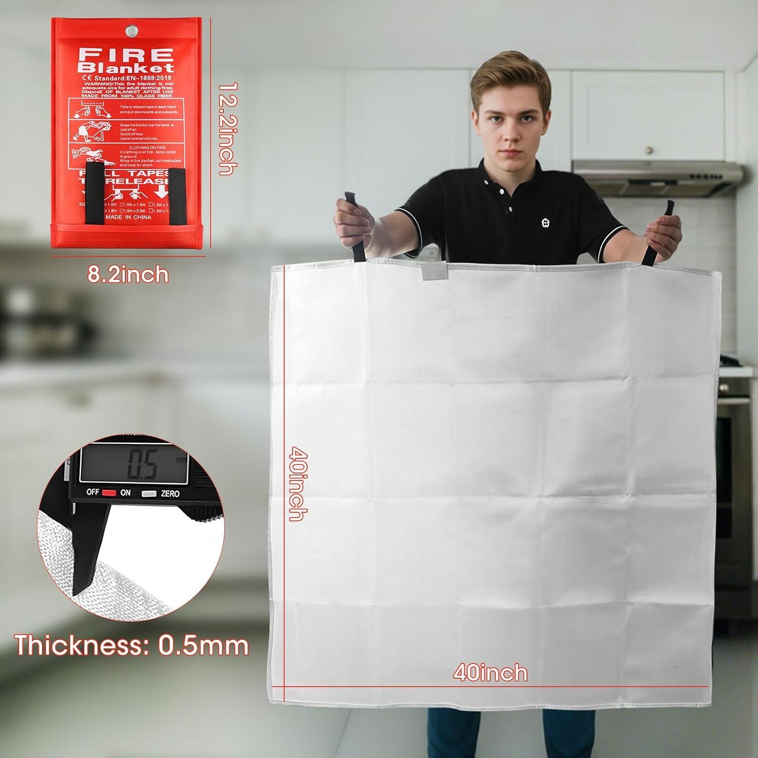 Emergency Fire Blanket, 40"x40" Fiberglass Suppression Fire Retardant Blankets for Home, Kitchen, Camping, Grill, Car, Office, Warehouse with Hooks(1 Pack)