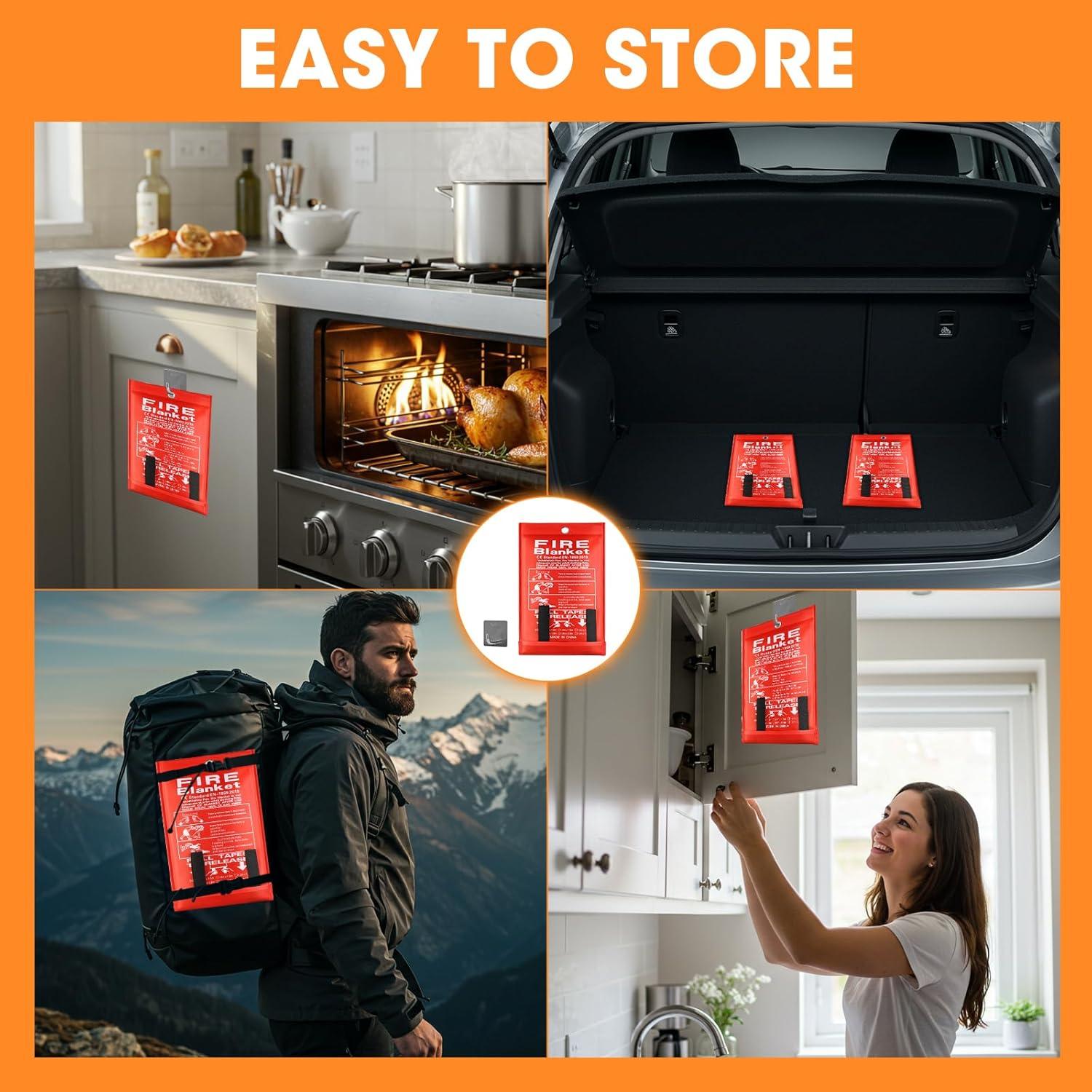 Emergency Fire Blanket, 40"x40" Fiberglass Suppression Fire Retardant Blankets for Home, Kitchen, Camping, Grill, Car, Office, Warehouse with Hooks(1 Pack)