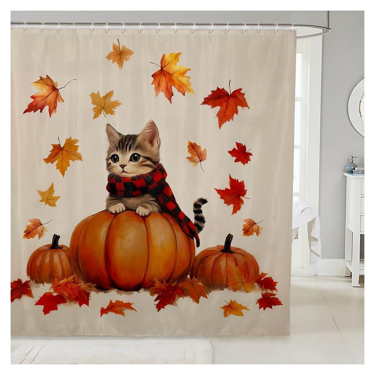 Manfei Autumn Kids Shower Curtains,Maple Leaf Fall Harvest Pumpkin Bathroom Curtains for Boys Girls,Kawaii Cat Animal Pet Rustic Orange Beige Waterproof Curtains,12 Hooks Suits,72" W x 72" L