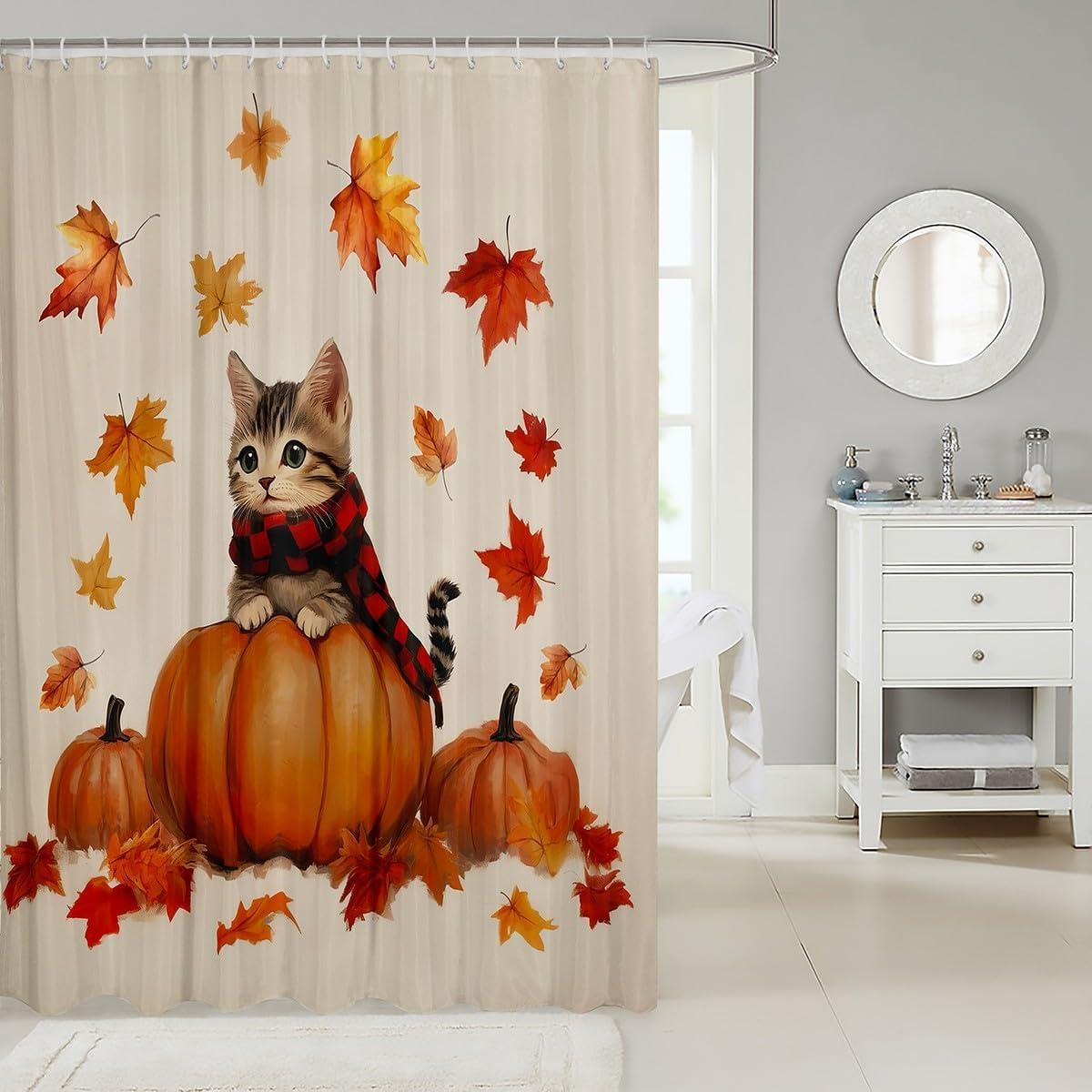 Manfei Autumn Kids Shower Curtains,Maple Leaf Fall Harvest Pumpkin Bathroom Curtains for Boys Girls,Kawaii Cat Animal Pet Rustic Orange Beige Waterproof Curtains,12 Hooks Suits,72" W x 72" L