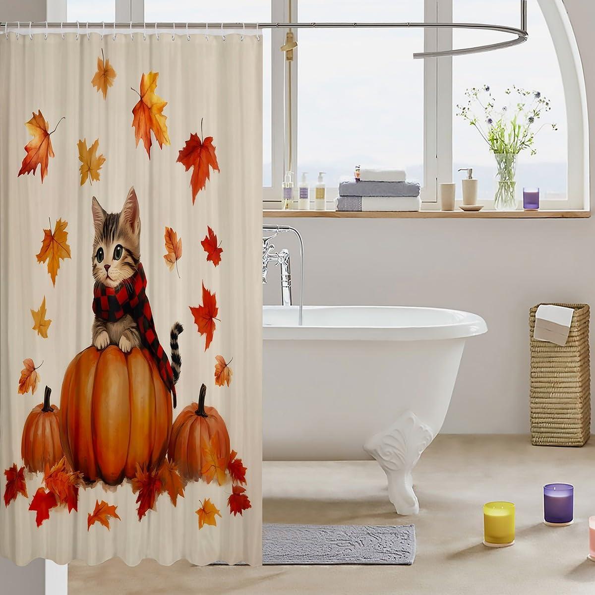 Manfei Autumn Kids Shower Curtains,Maple Leaf Fall Harvest Pumpkin Bathroom Curtains for Boys Girls,Kawaii Cat Animal Pet Rustic Orange Beige Waterproof Curtains,12 Hooks Suits,72" W x 72" L