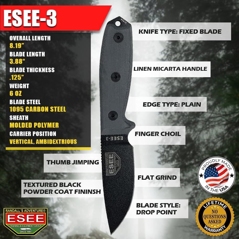 Cuchillo ESEE-3P-B de hoja fija, 20.8 cm, funda negra