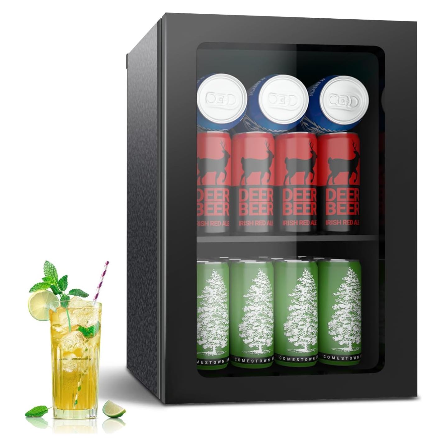 Beverage Refrigerator Cooler, 0.9 Cu.ft Mini Fridge Holds 20 Cans, Glass Door, Digital Temp Control, Quiet Compact Drink Fridge for Soda, Beer, Wine, Office, Dorm, Bar
