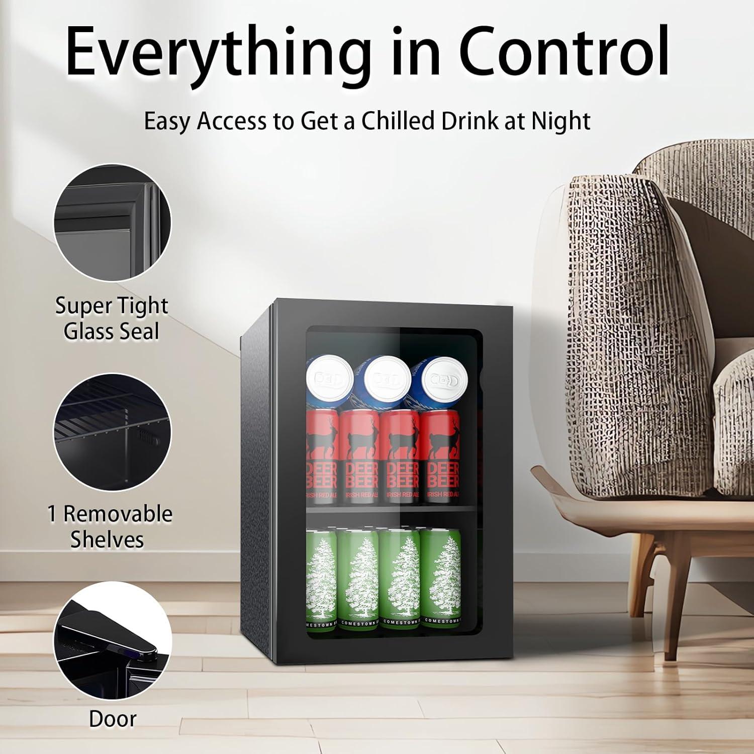 Beverage Refrigerator Cooler, 0.9 Cu.ft Mini Fridge Holds 20 Cans, Glass Door, Digital Temp Control, Quiet Compact Drink Fridge for Soda, Beer, Wine, Office, Dorm, Bar