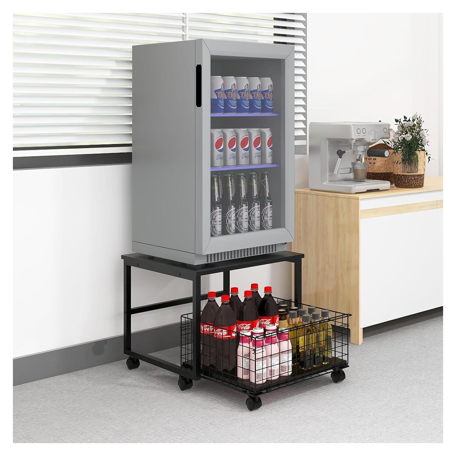 PUNCIA 19.7x19.7in Mobile Mini Fridge Stand with Large Capacity Storage Beverage Refrigerator Table with Wheels Rolling Compact Fridge Cart Heavy Duty Appliance Platform with Basket for Home Office