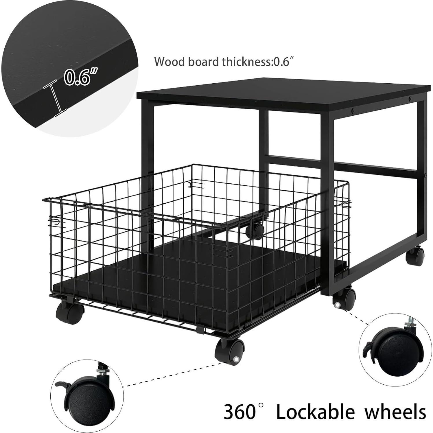 PUNCIA 19.7x19.7in Mobile Mini Fridge Stand with Large Capacity Storage Beverage Refrigerator Table with Wheels Rolling Compact Fridge Cart Heavy Duty Appliance Platform with Basket for Home Office