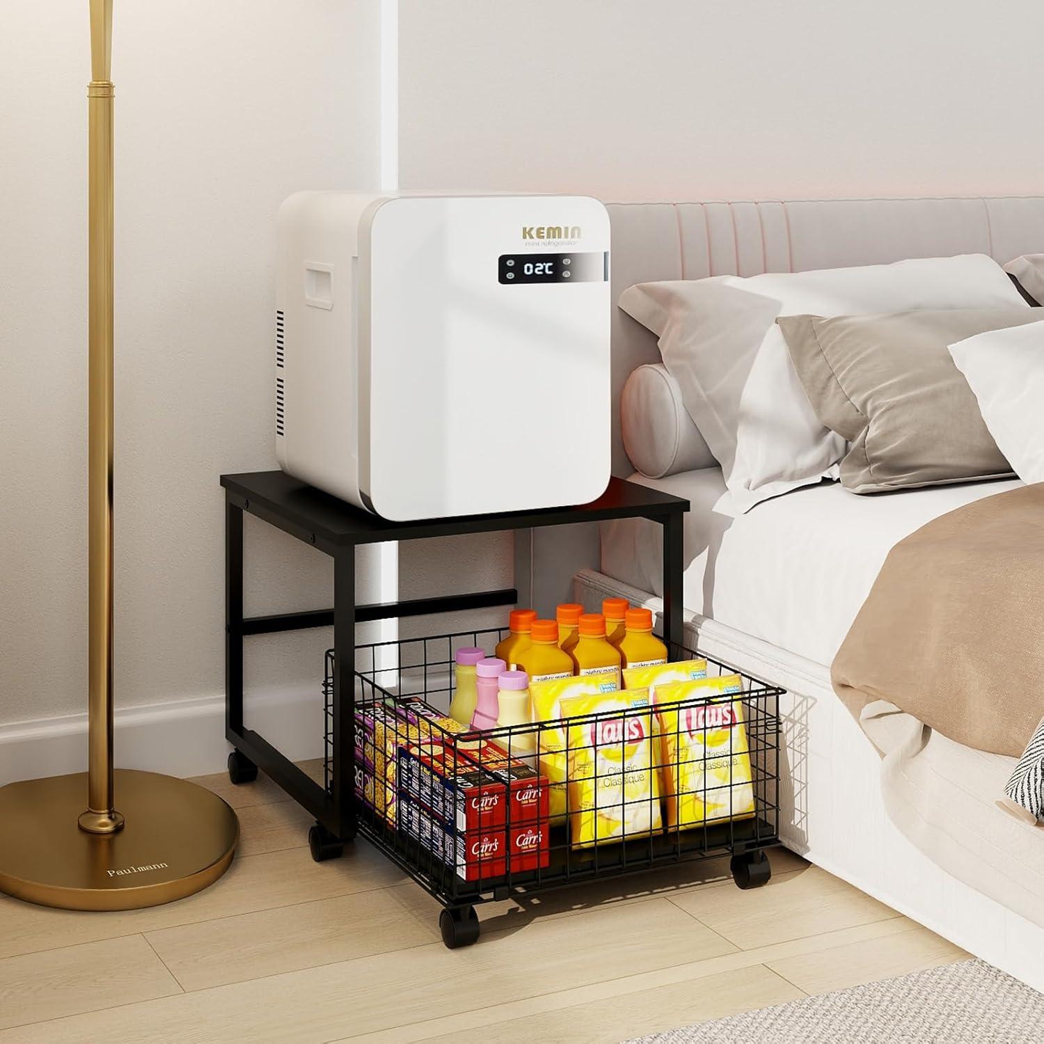 PUNCIA 19.7x19.7in Mobile Mini Fridge Stand with Large Capacity Storage Beverage Refrigerator Table with Wheels Rolling Compact Fridge Cart Heavy Duty Appliance Platform with Basket for Home Office