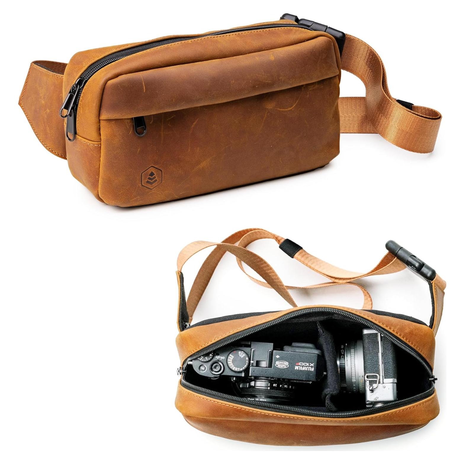 Bolsa Cruzada Compacta Evergreen Legacy Cuero Genuino Tan