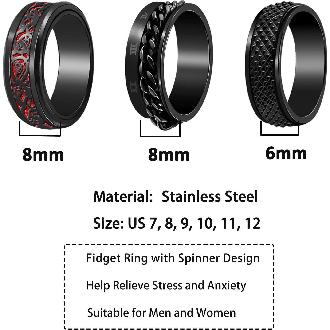 Nanafast 3 PCS Spinner Anxiety Rings Stainless Steel Spinner Ring Fidget Anxiety Rings for Women Men Relieving Stress Ring Anxiety Rings Set Size 6-12