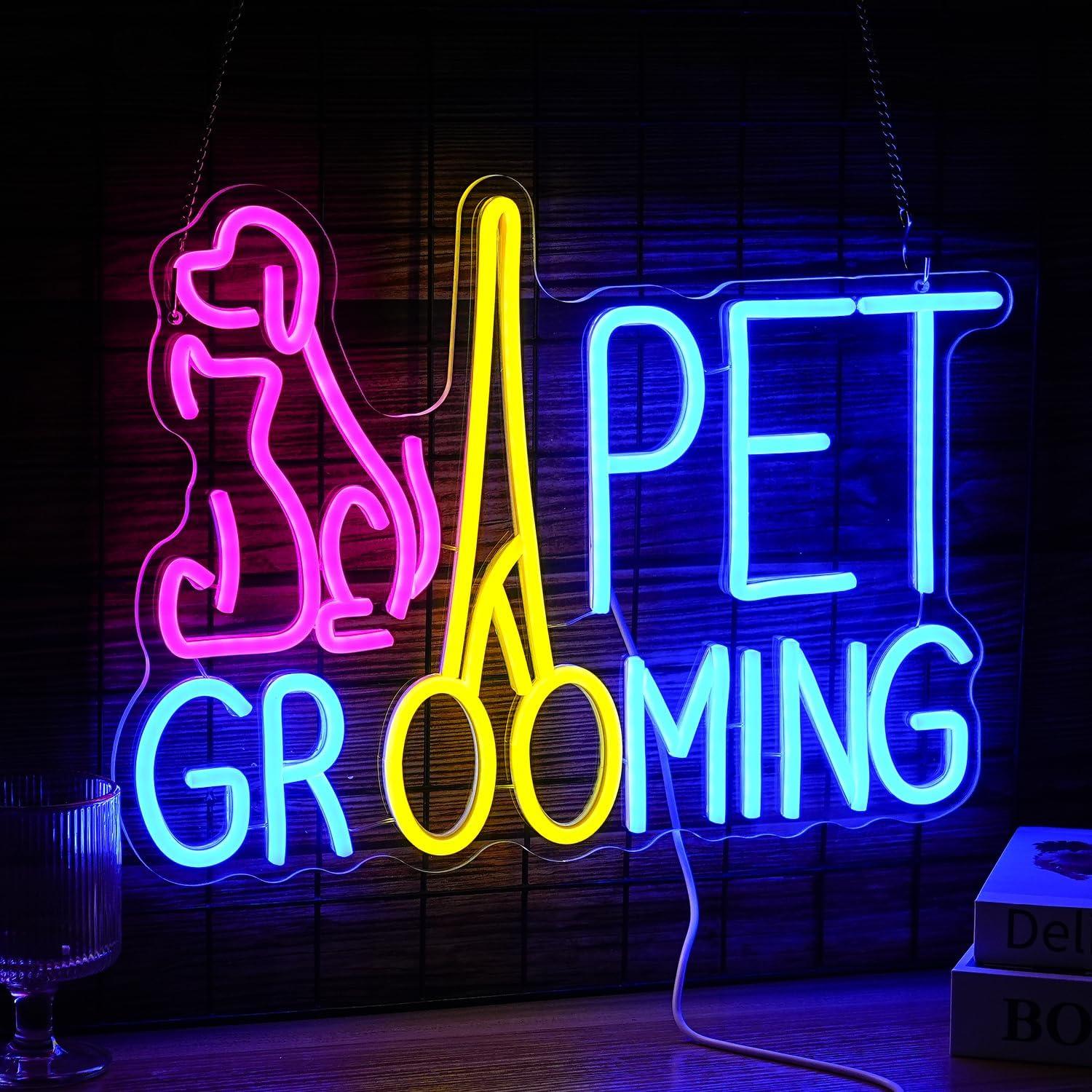 Cartel Neón LED Acicalamiento Mascotas LISIGNVE 42.4x30.5cm