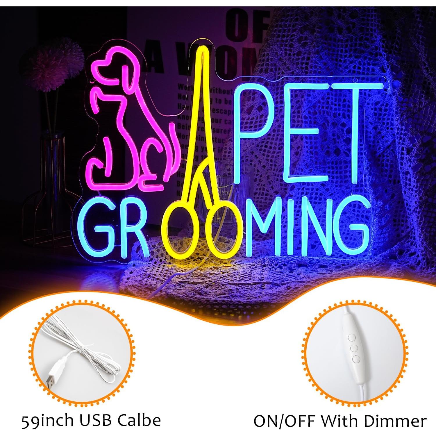 Cartel Neón LED Acicalamiento Mascotas LISIGNVE 42.4x30.5cm
