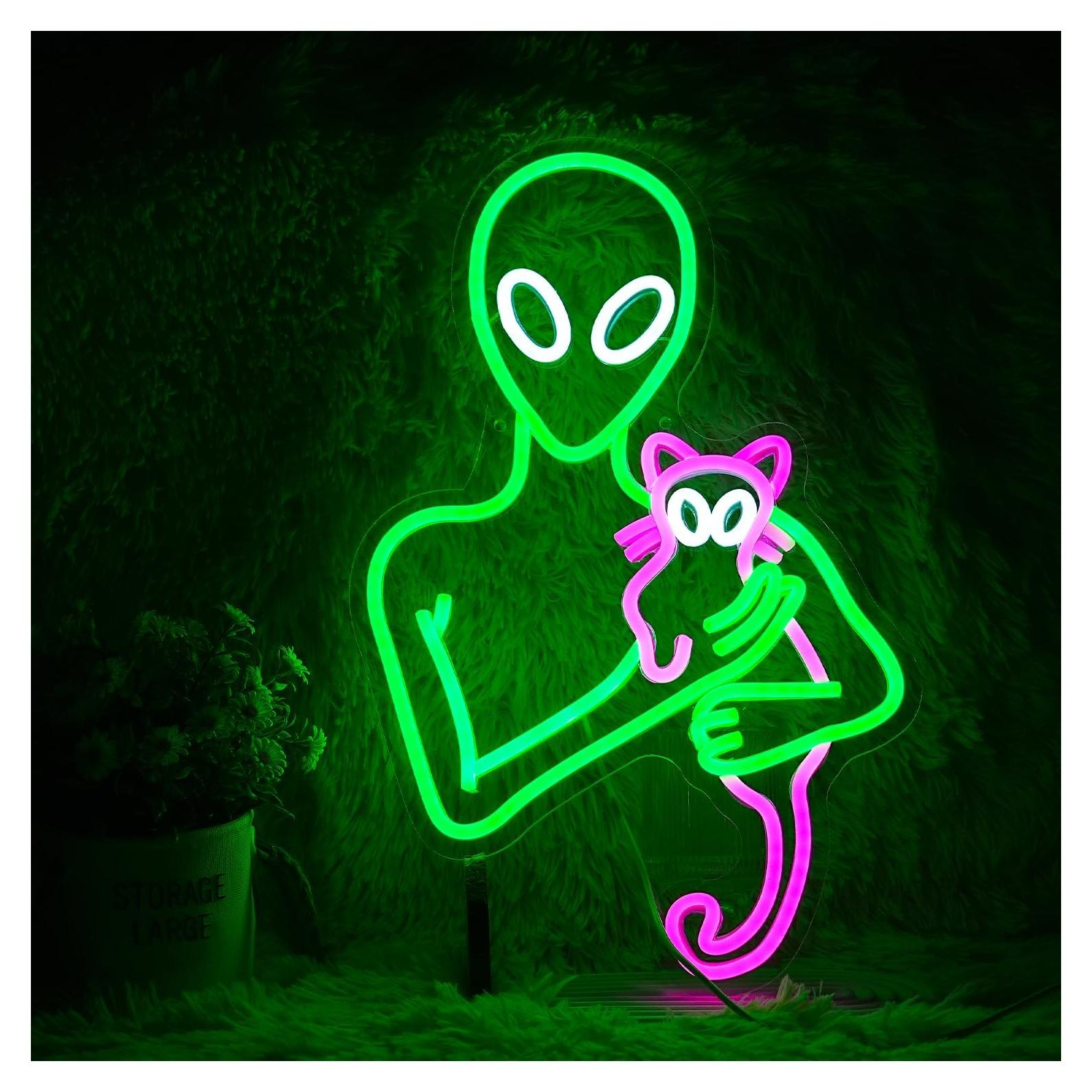 Cartel de Neón LED Gato Alienígena Verde y Rosa 43.94x28.98cm