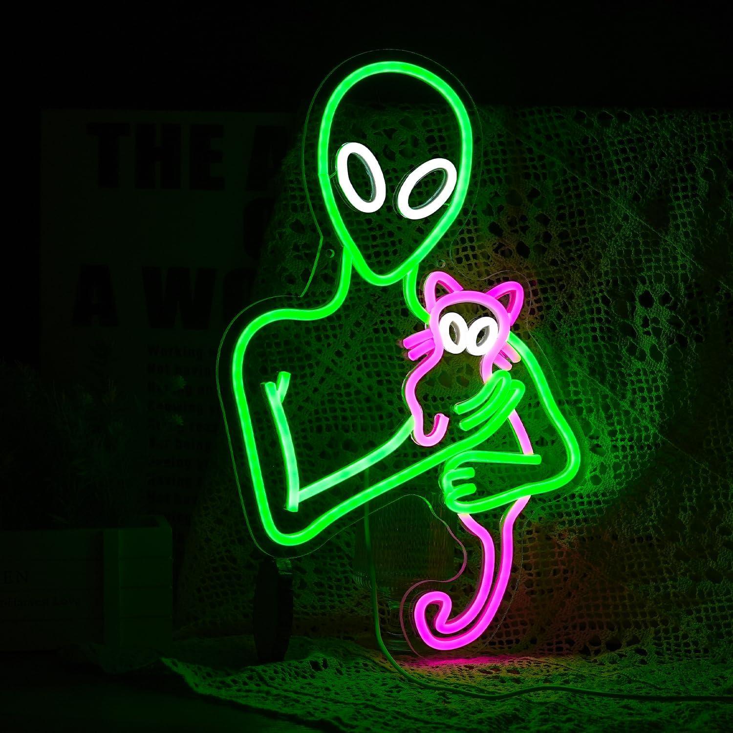 Cartel de Neón LED Gato Alienígena Verde y Rosa 43.94x28.98cm