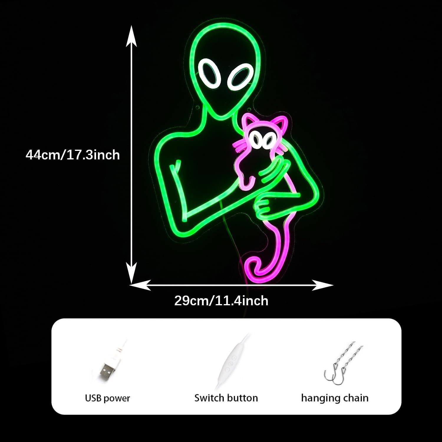 Cartel de Neón LED Gato Alienígena Verde y Rosa 43.94x28.98cm