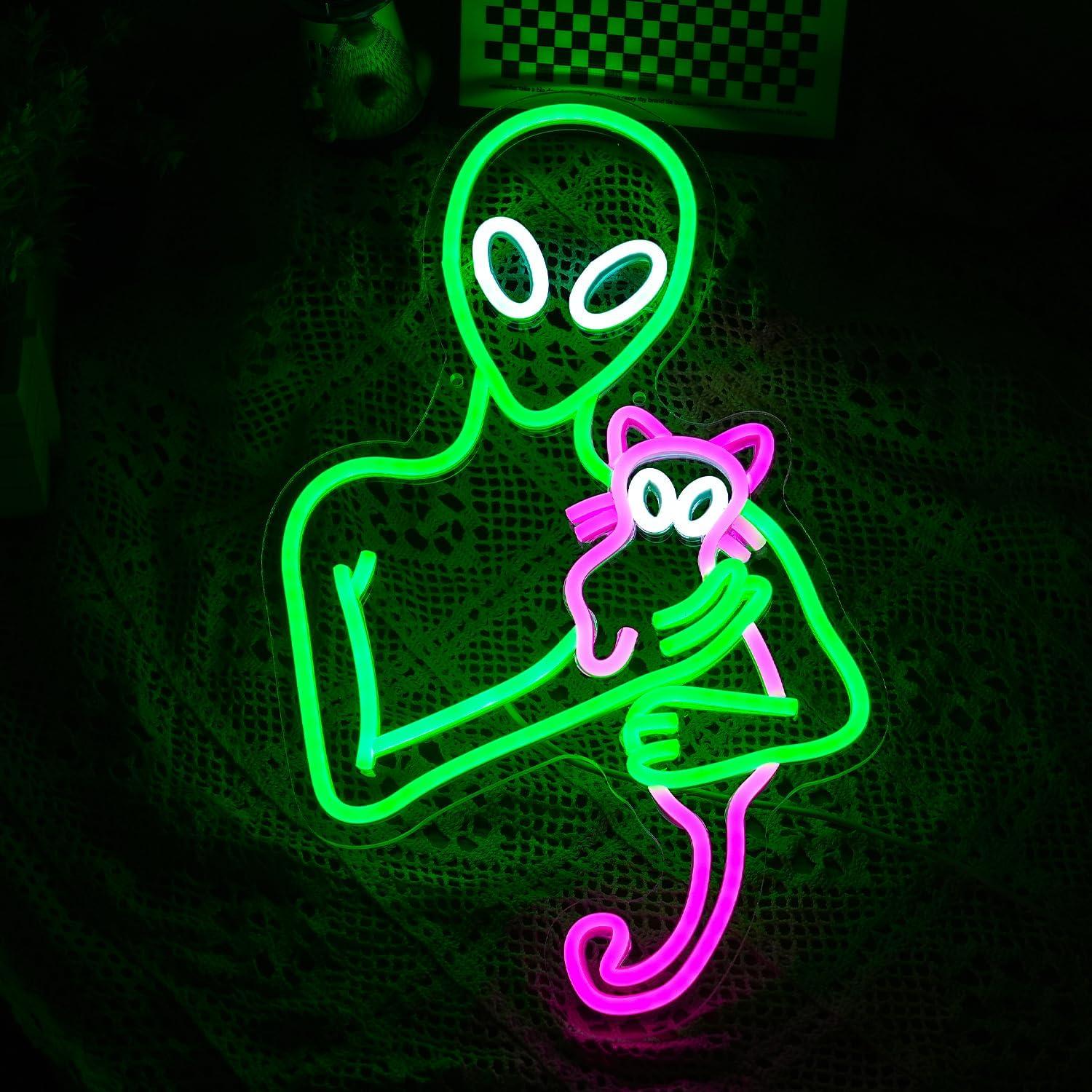 Cartel de Neón LED Gato Alienígena Verde y Rosa 43.94x28.98cm