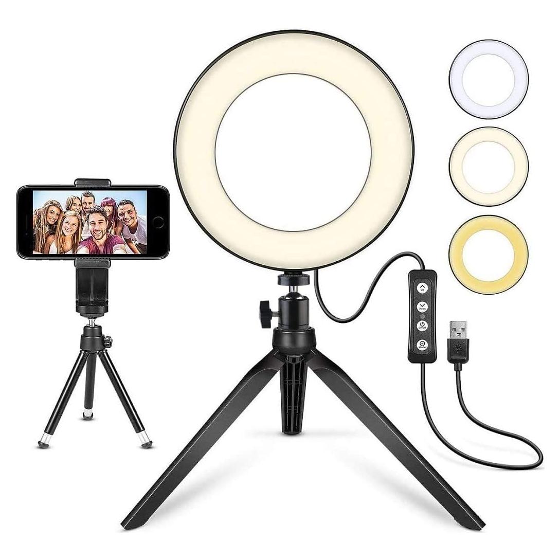 LED Ring Light 6" with Tripod Stand for Desk YouTube Video and Makeup, Mini Camera Light with Cell Phone Holder Desktop LED Lamp with 3 Light Modes & 11 Brightness Level (6 inch)