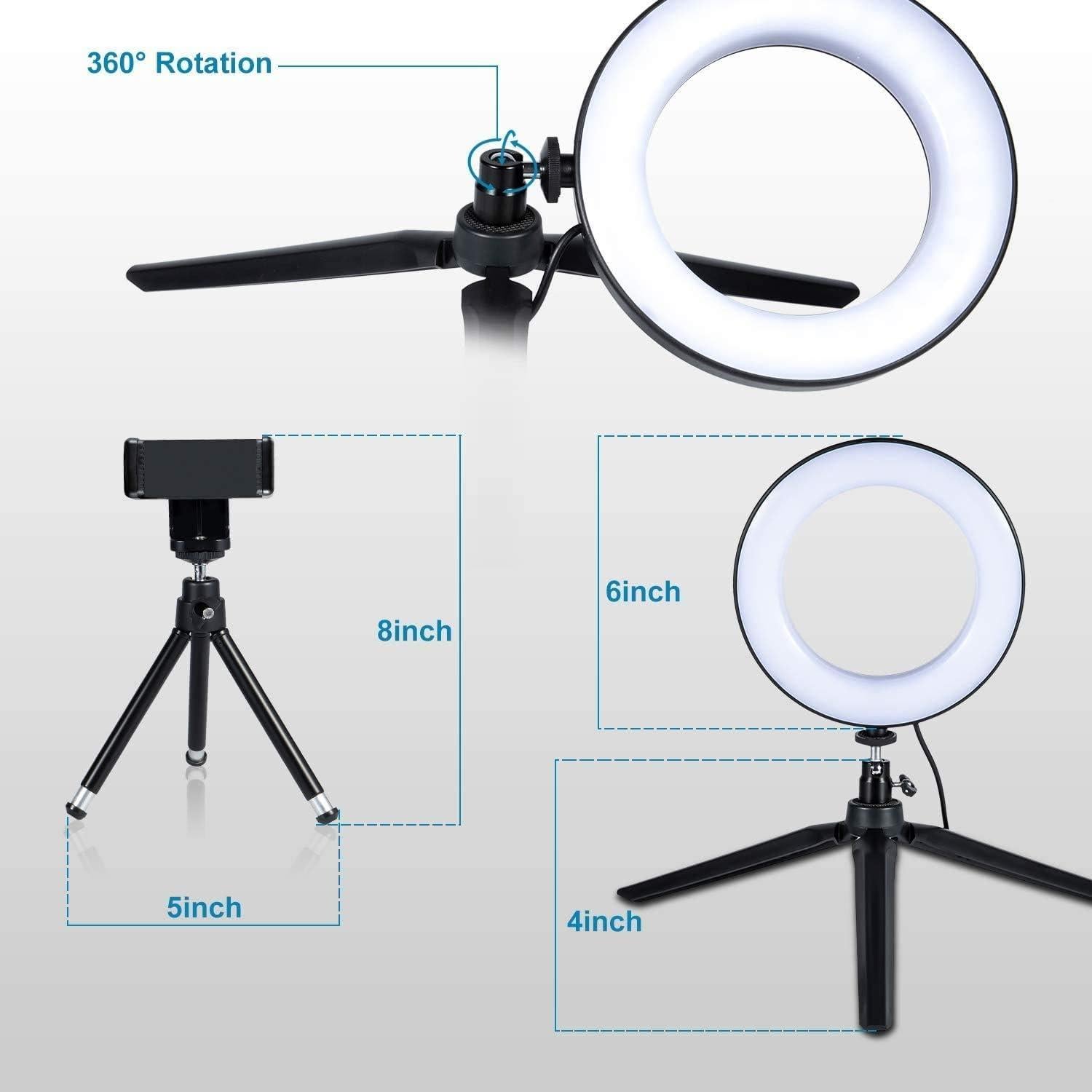 LED Ring Light 6" with Tripod Stand for Desk YouTube Video and Makeup, Mini Camera Light with Cell Phone Holder Desktop LED Lamp with 3 Light Modes & 11 Brightness Level (6 inch)