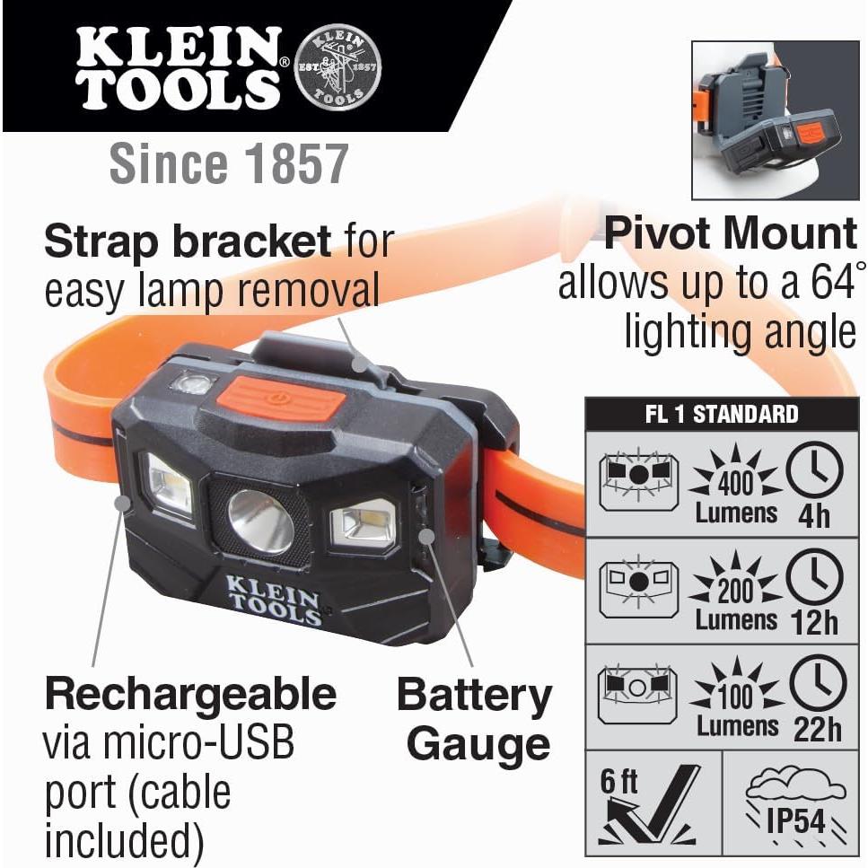 Linterna Frontal Recargable Klein Tools 400 Lúmenes LED