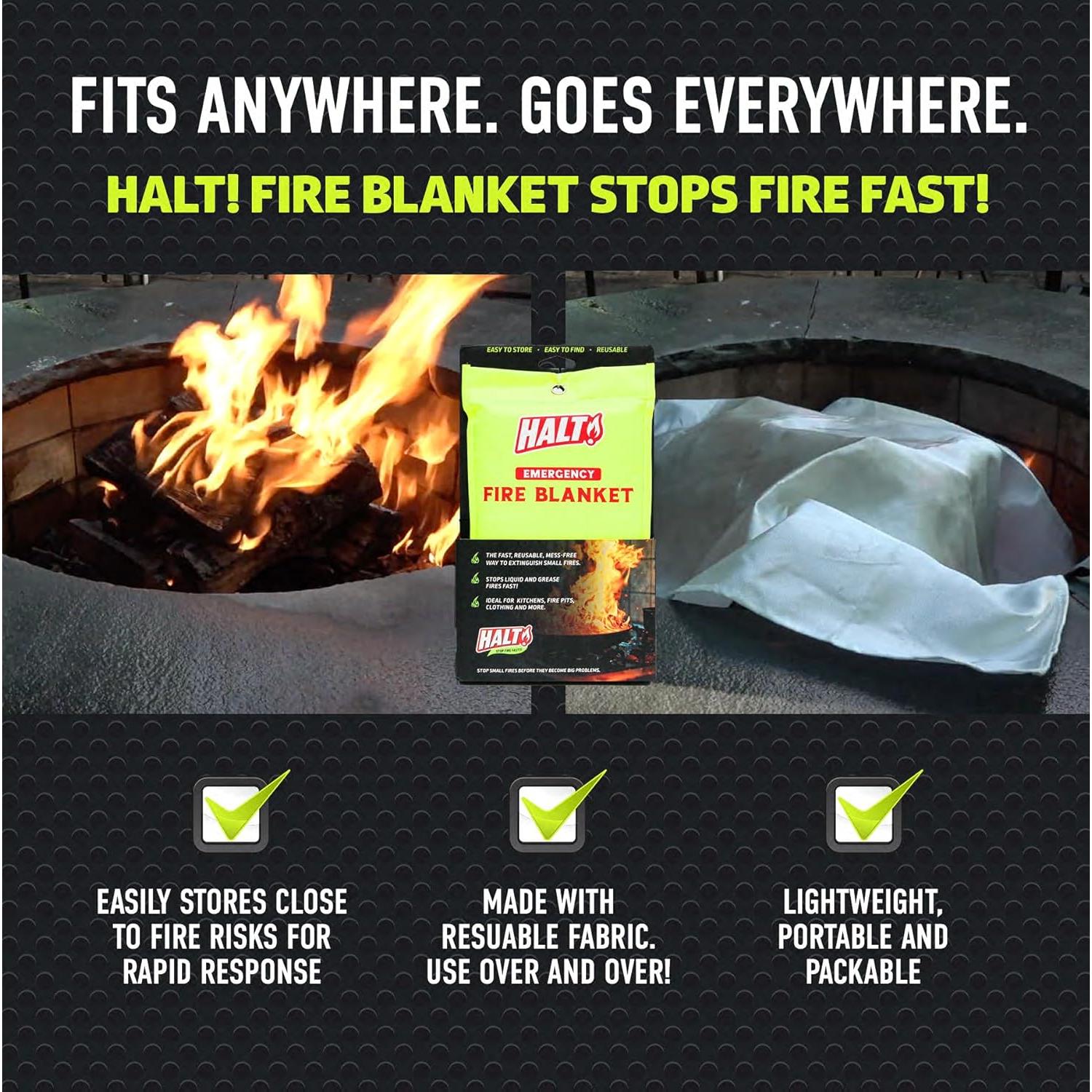 HALT! Emergency Fire Blanket - Rapid Fire Suppression for Home, Kitchen, Car & Camping |Lightweight, No Mess, Safe Reusable & Never Expires (Single Pack)