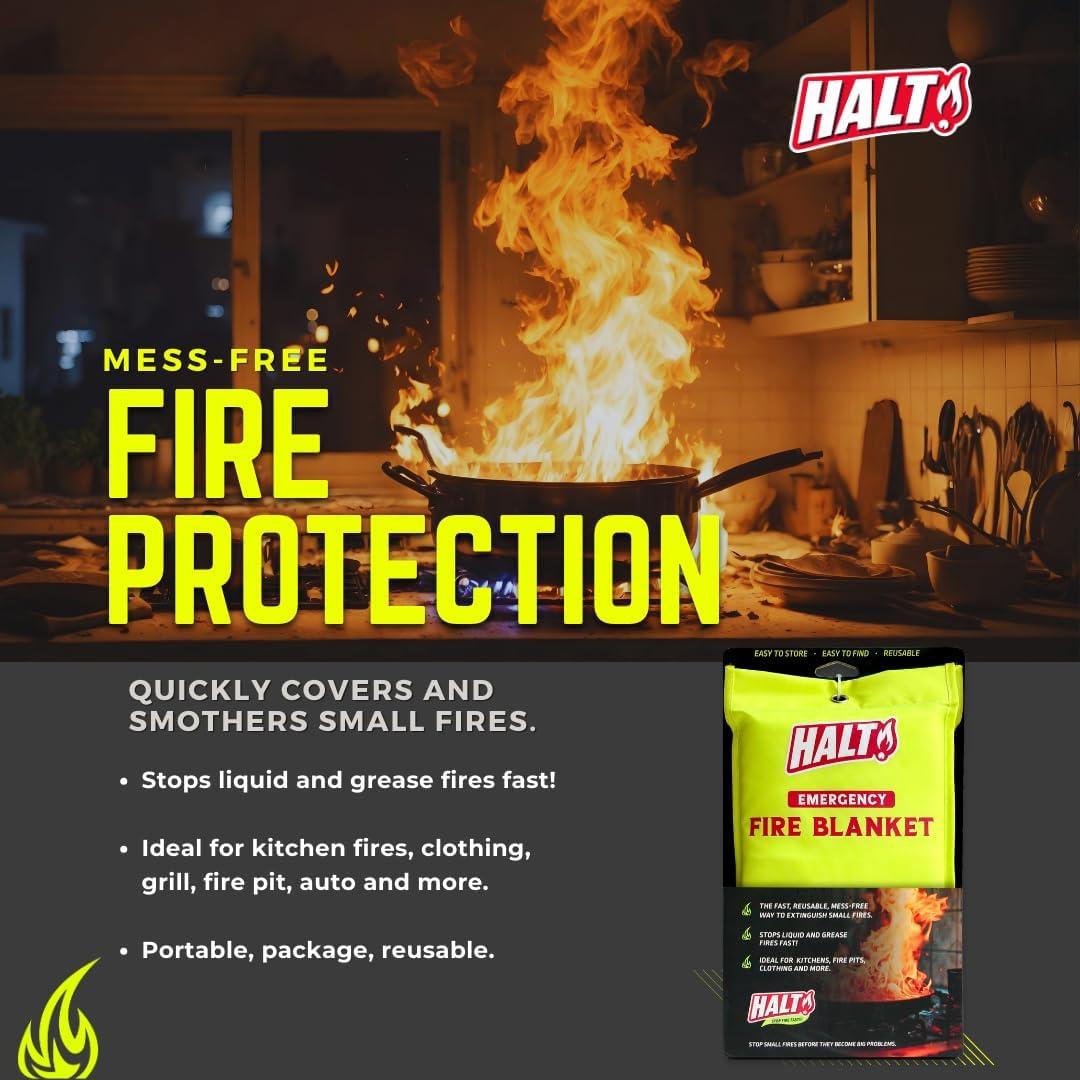 HALT! Emergency Fire Blanket - Rapid Fire Suppression for Home, Kitchen, Car & Camping |Lightweight, No Mess, Safe Reusable & Never Expires (Single Pack)