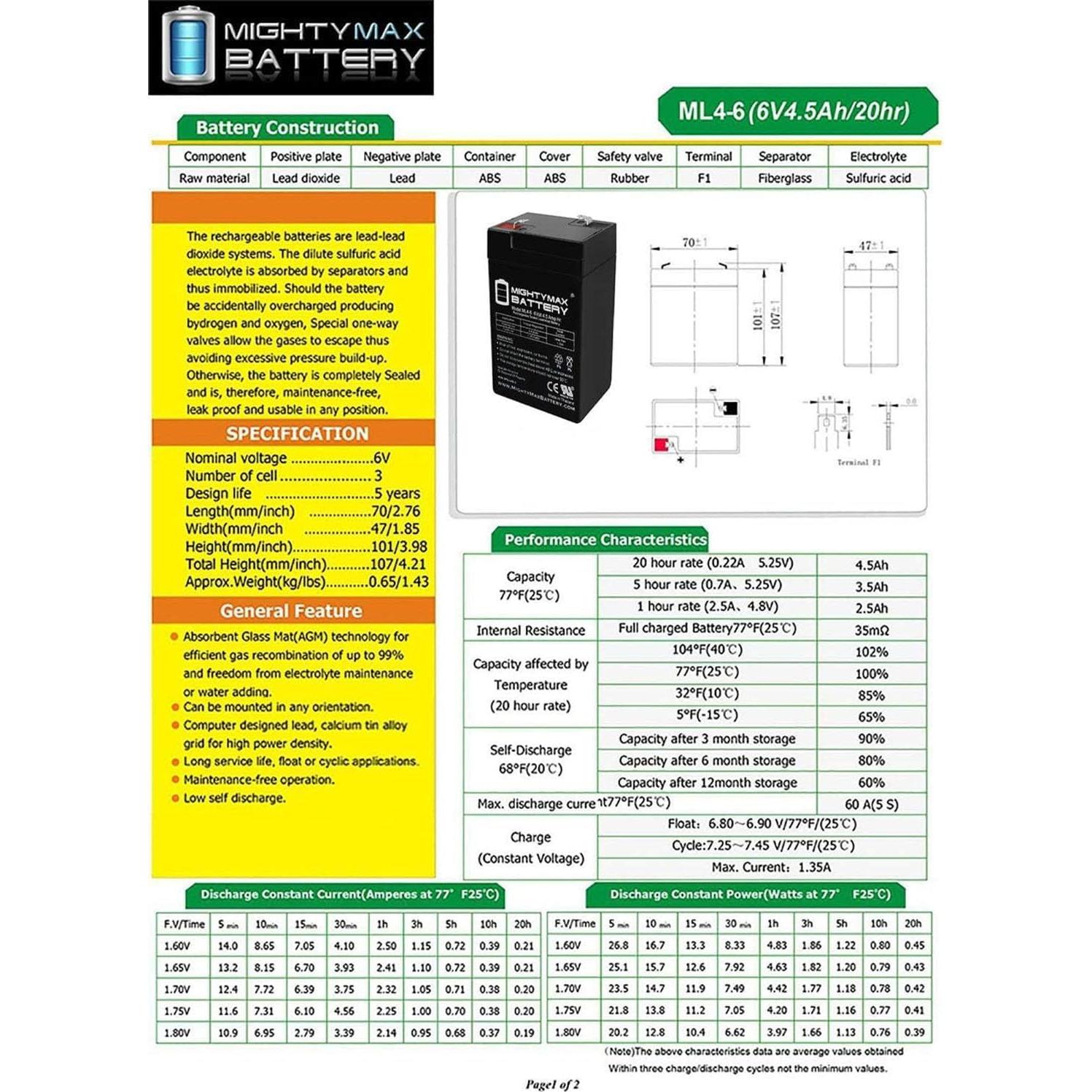 Batería recargable Mighty Max 6V 4.5AH - Paquete de 2