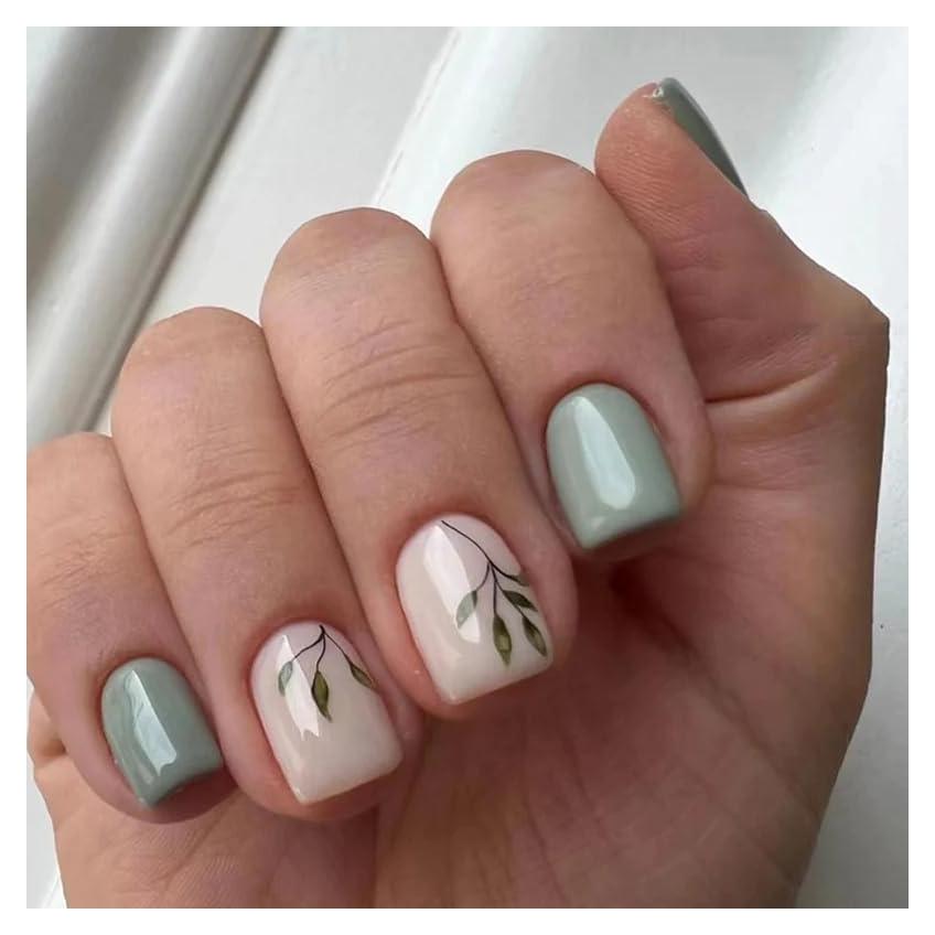 Uñas Postizas Curvlife Gel Punta Francesa 24pcs Verde Bambú