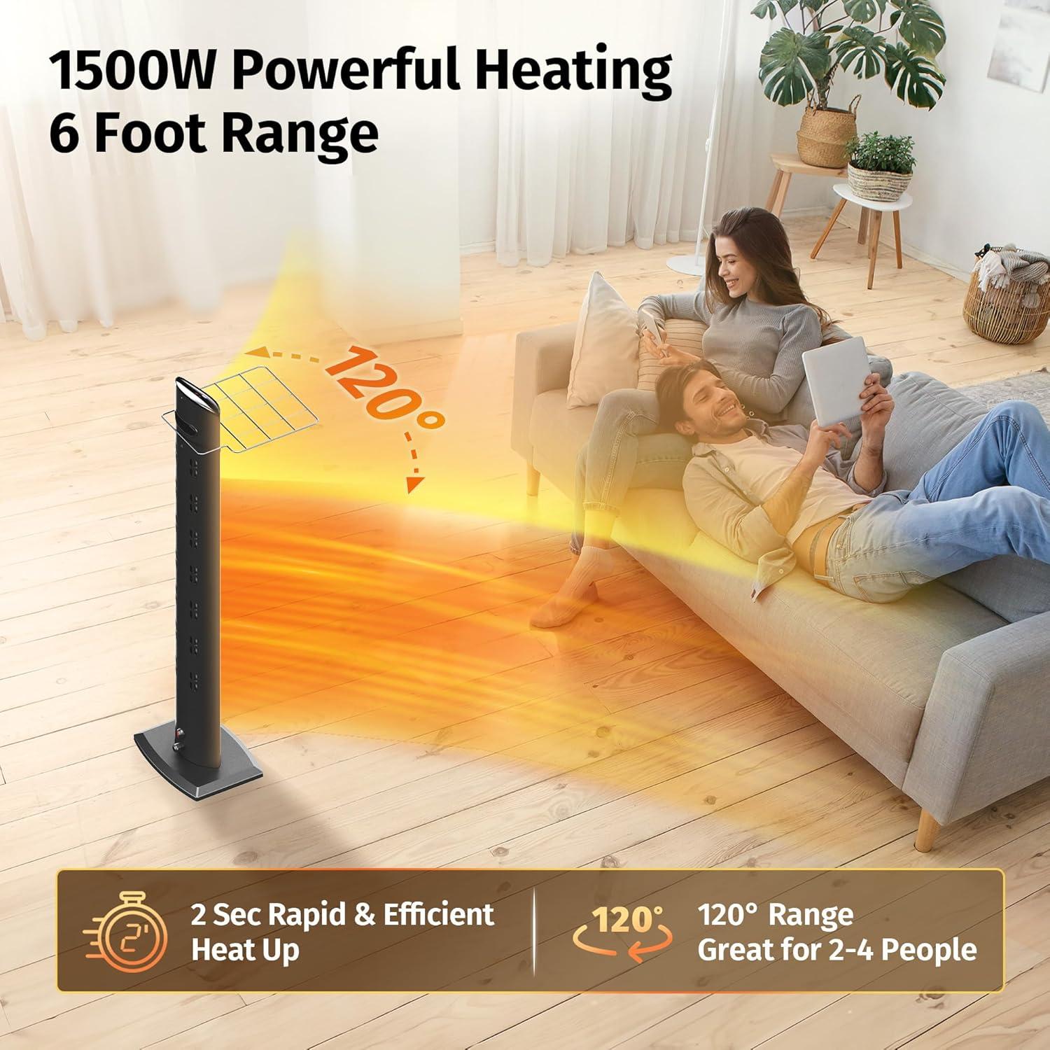 EAST OAK Electric Outdoor Heater, 1500W Portable Patio Infrared Heater, IP55 Waterproof Indoor With Tip-over & Overheating Protection & 2 Heat Levels, Backup, Black