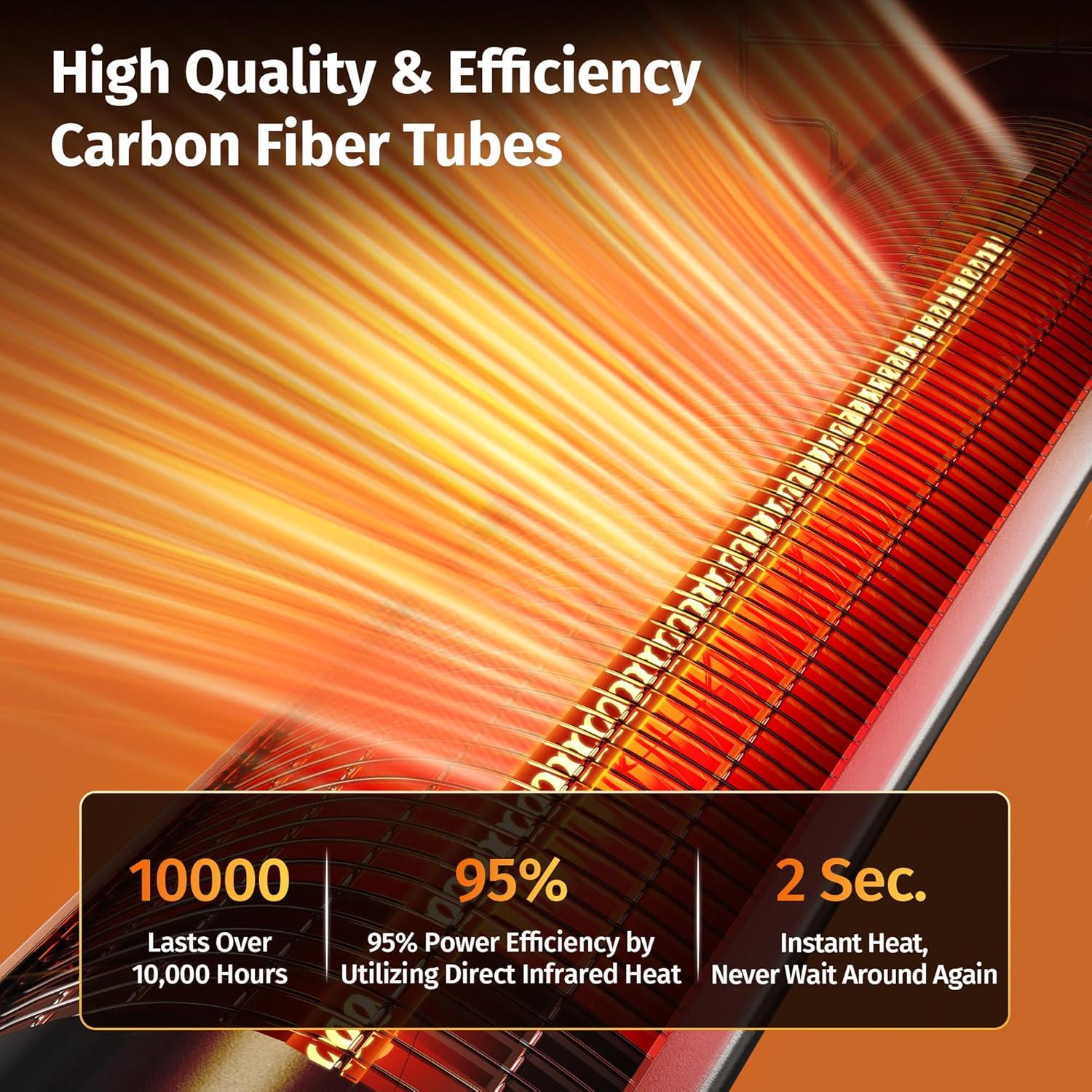 EAST OAK Electric Outdoor Heater, 1500W Portable Patio Infrared Heater, IP55 Waterproof Indoor With Tip-over & Overheating Protection & 2 Heat Levels, Backup, Black