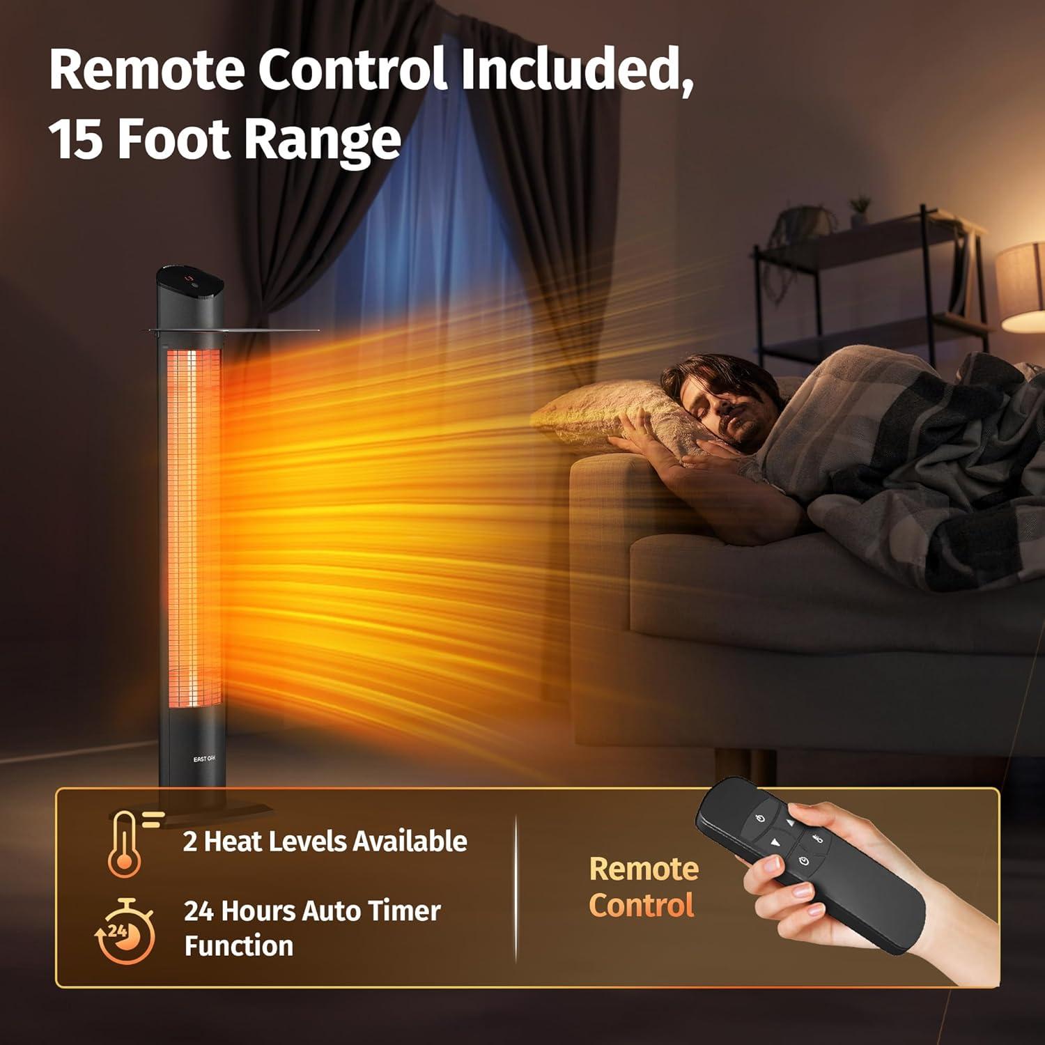 EAST OAK Electric Outdoor Heater, 1500W Portable Patio Infrared Heater, IP55 Waterproof Indoor With Tip-over & Overheating Protection & 2 Heat Levels, Backup, Black