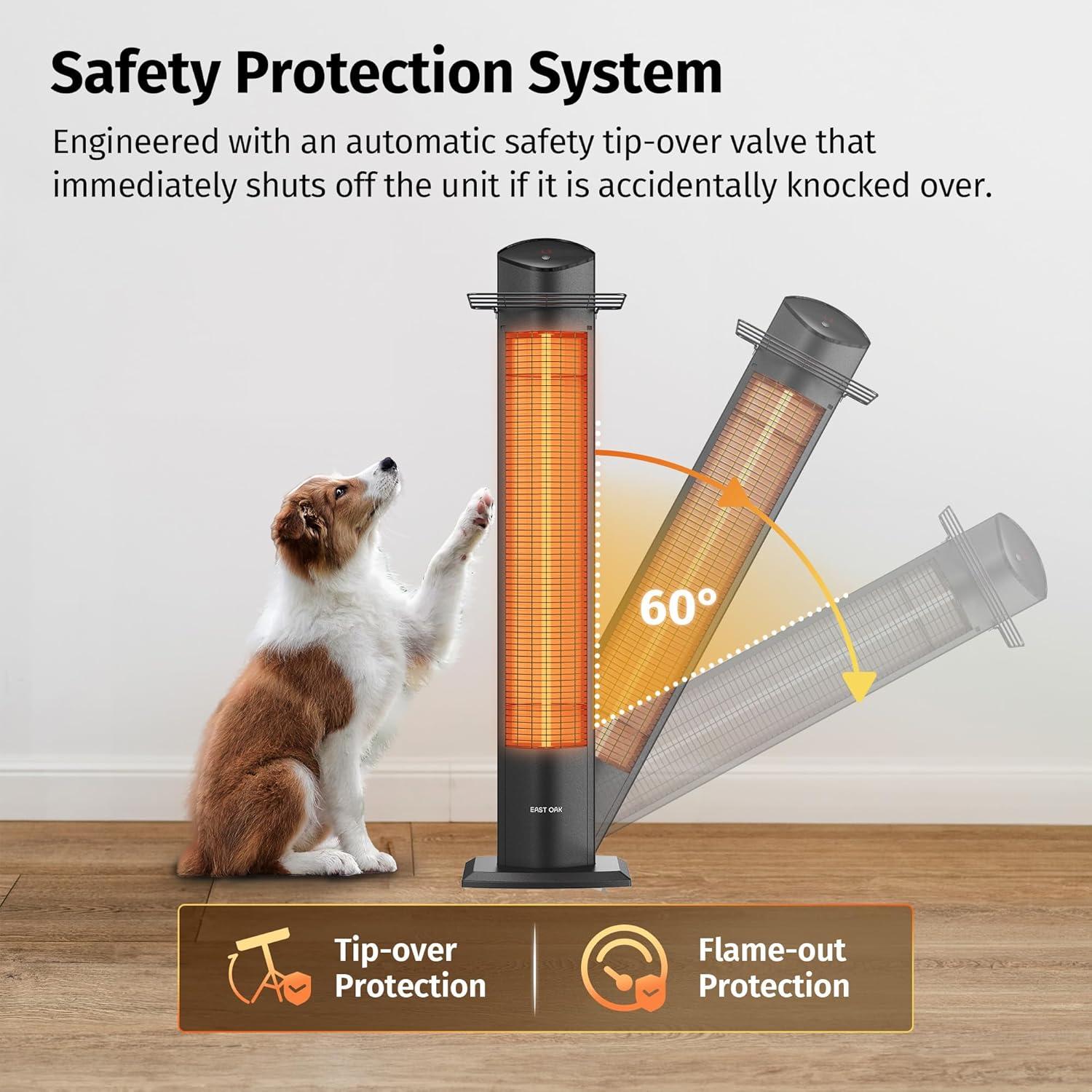 EAST OAK Electric Outdoor Heater, 1500W Portable Patio Infrared Heater, IP55 Waterproof Indoor With Tip-over & Overheating Protection & 2 Heat Levels, Backup, Black