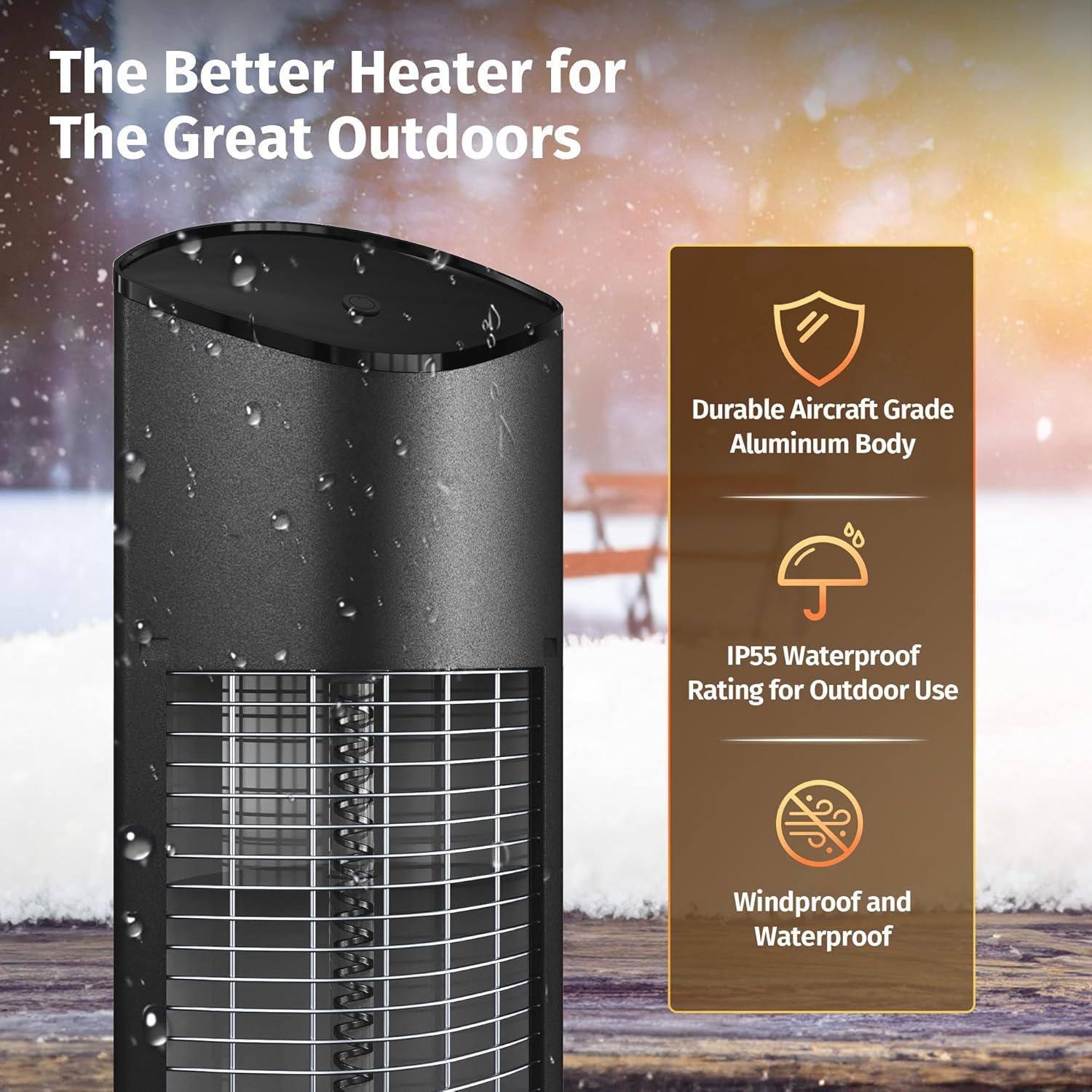 EAST OAK Electric Outdoor Heater, 1500W Portable Patio Infrared Heater, IP55 Waterproof Indoor With Tip-over & Overheating Protection & 2 Heat Levels, Backup, Black