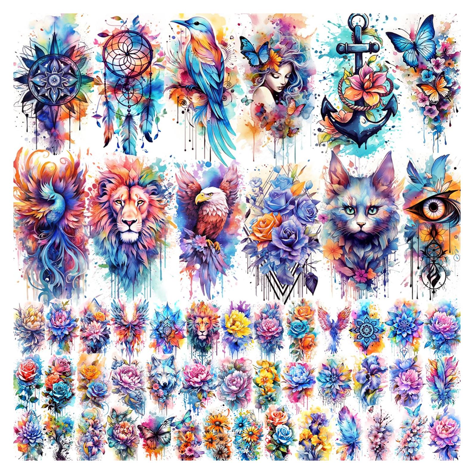 52 Tatuajes Temporales Acuarelados Glaryyears - Set Floral y Mandala