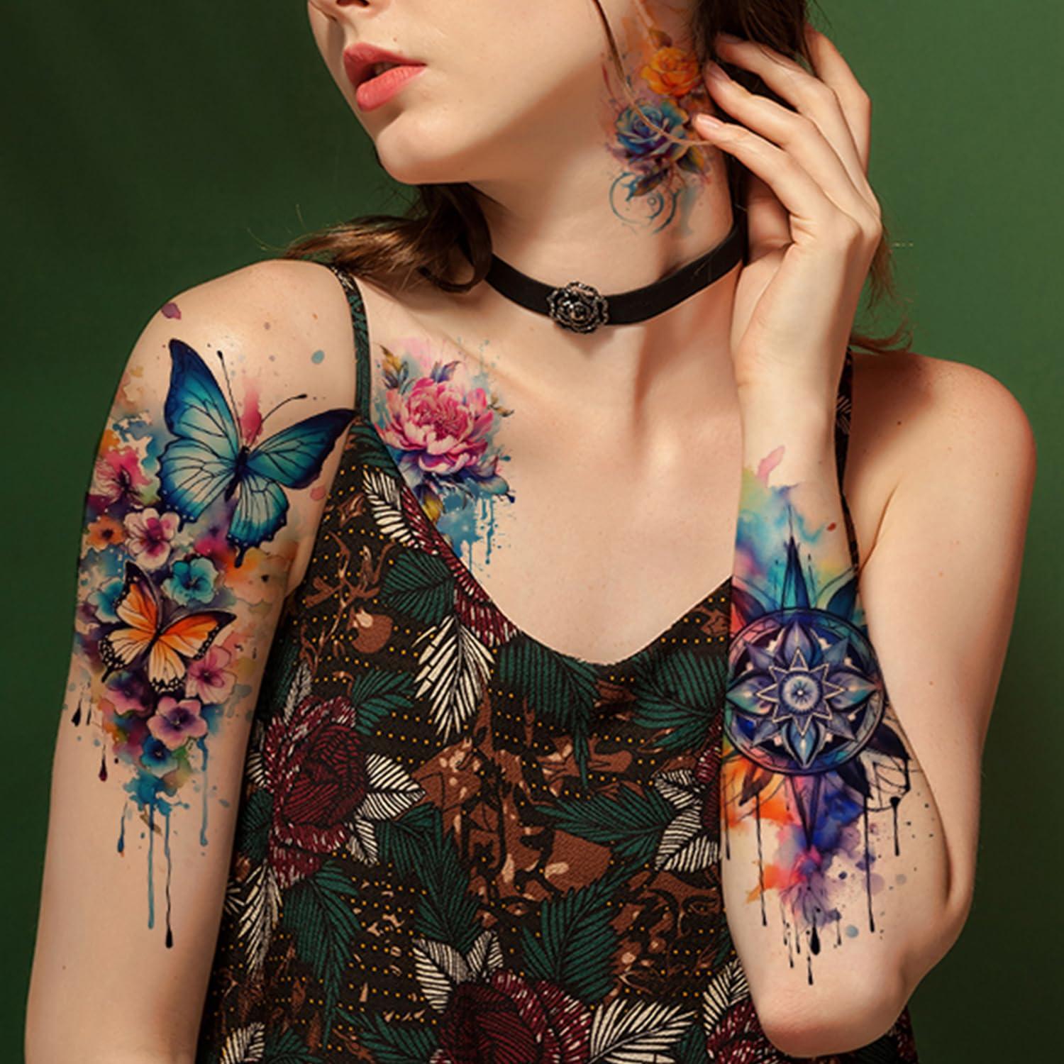 52 Tatuajes Temporales Acuarelados Glaryyears - Set Floral y Mandala