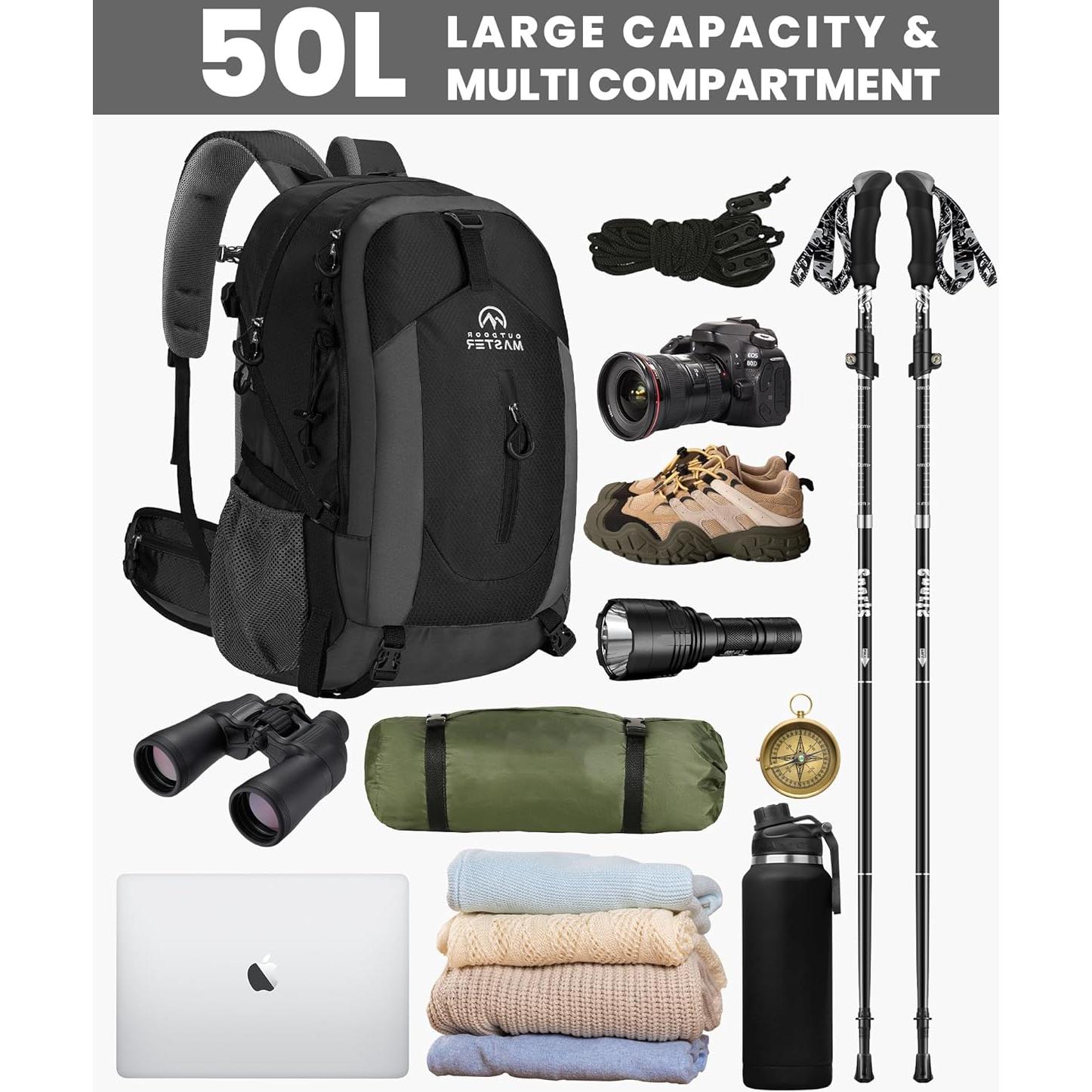 Mochila de Senderismo OutdoorMaster 50L Impermeable con Soporte