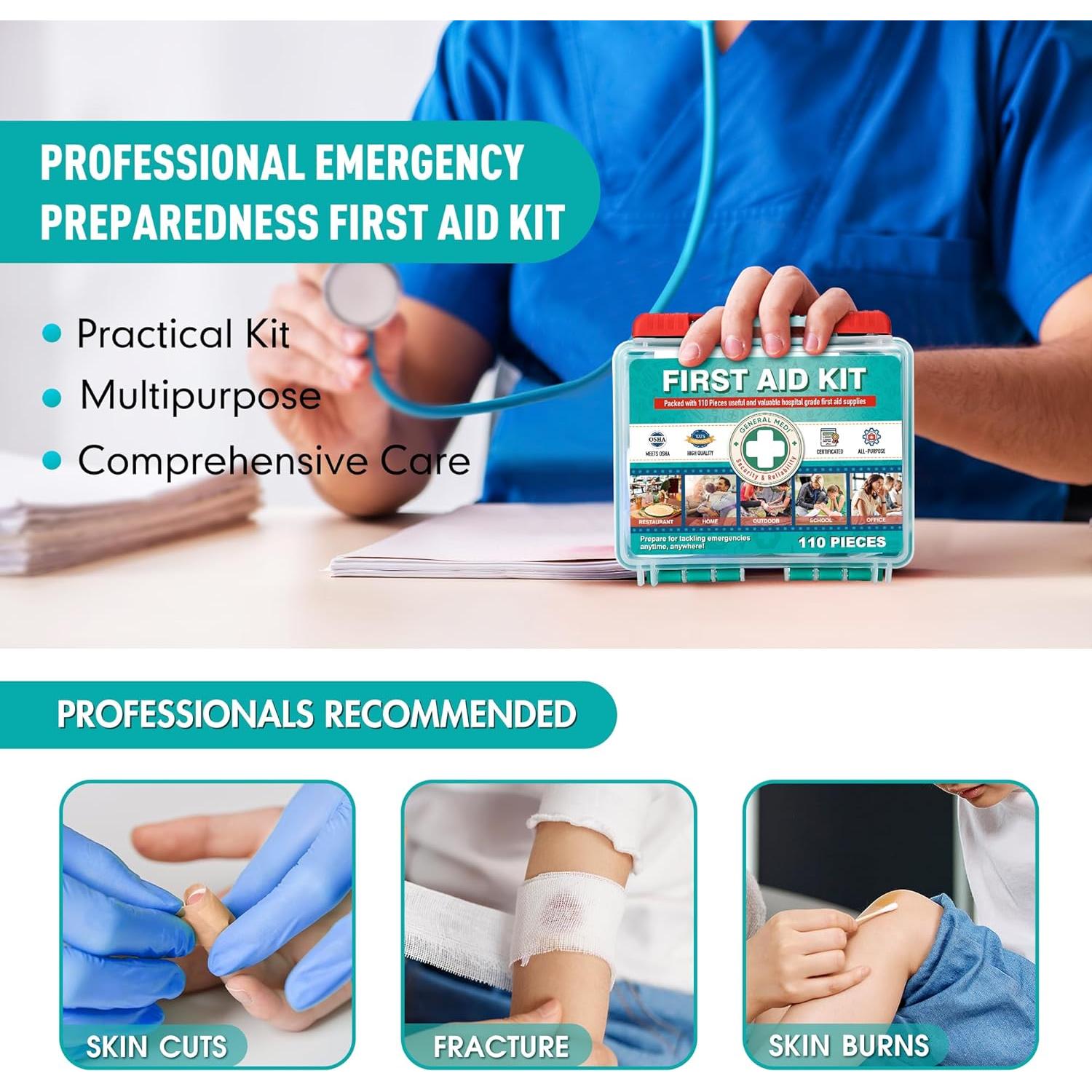 Kit de Primeros Auxilios General Medi 110 Piezas - Compacto y Portátil