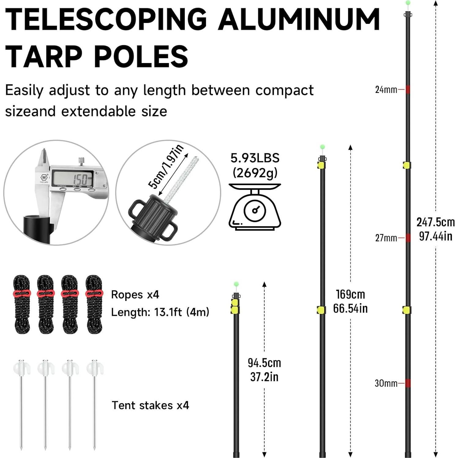 SANLIKE Tarp Poles Heavy Duty Telescoping 97" Adjustable Aviation Aluminum Canopy Rods Lengthen Thicken with Protection Cap Portable Poles for Tent Fly Awning Camping Hiking +Stakes Ropes Set of 4