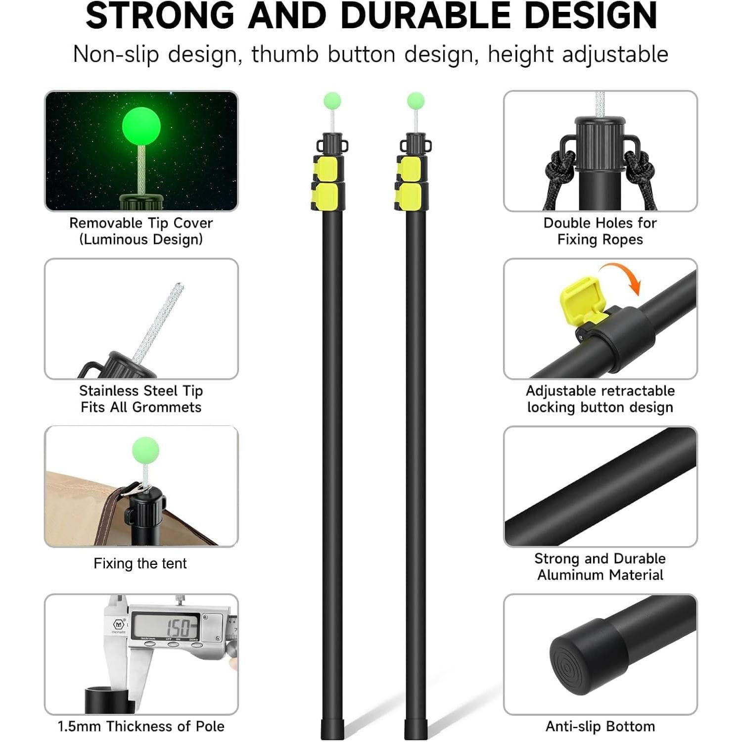 SANLIKE Tarp Poles Heavy Duty Telescoping 97" Adjustable Aviation Aluminum Canopy Rods Lengthen Thicken with Protection Cap Portable Poles for Tent Fly Awning Camping Hiking +Stakes Ropes Set of 4