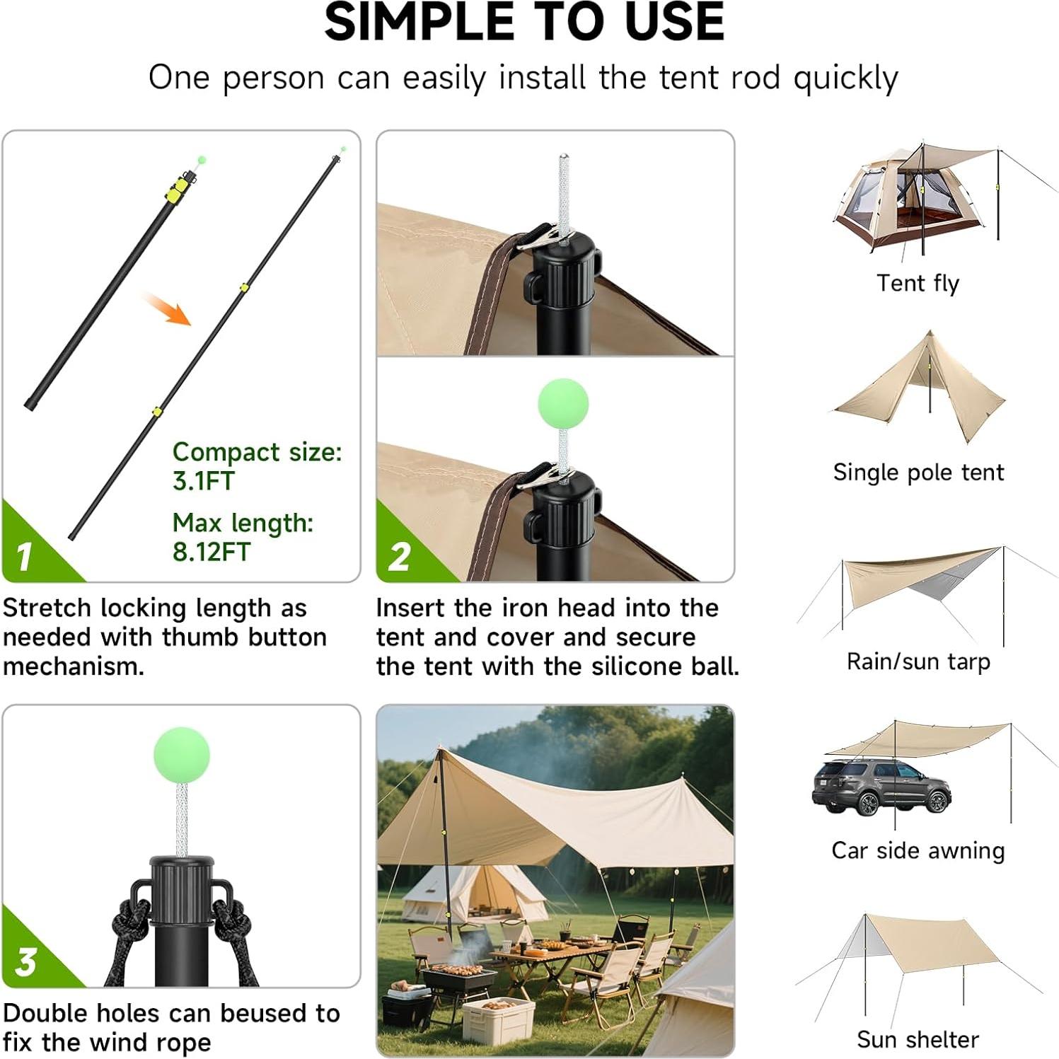 SANLIKE Tarp Poles Heavy Duty Telescoping 97" Adjustable Aviation Aluminum Canopy Rods Lengthen Thicken with Protection Cap Portable Poles for Tent Fly Awning Camping Hiking +Stakes Ropes Set of 4