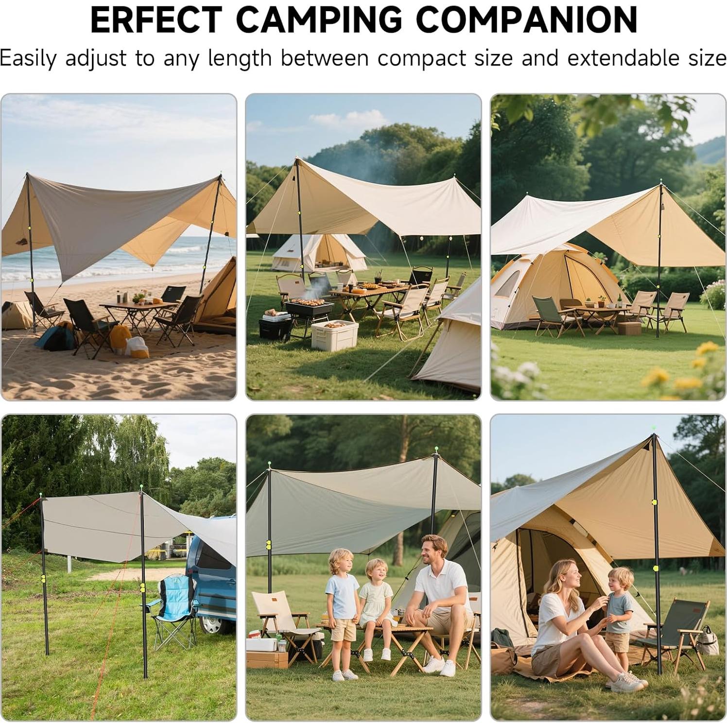 SANLIKE Tarp Poles Heavy Duty Telescoping 97" Adjustable Aviation Aluminum Canopy Rods Lengthen Thicken with Protection Cap Portable Poles for Tent Fly Awning Camping Hiking +Stakes Ropes Set of 4